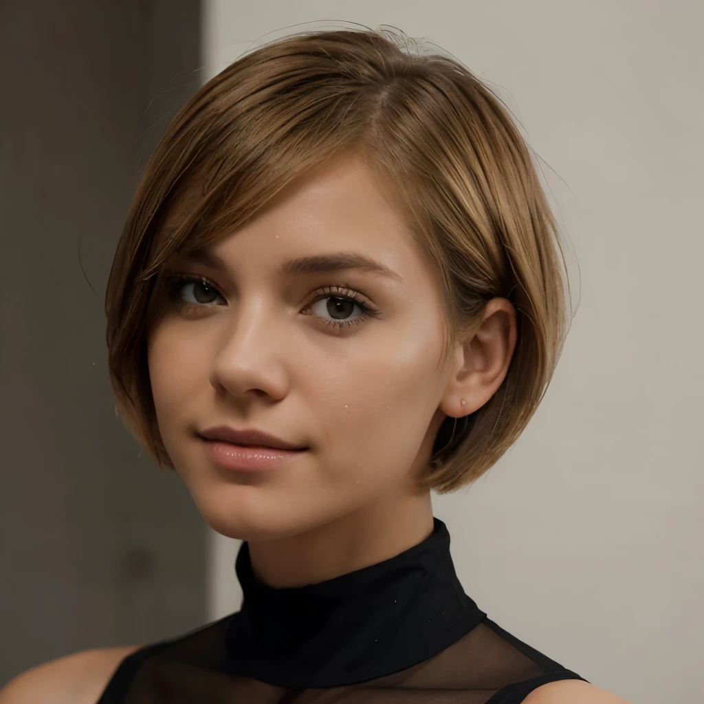 Realistisch, Photoshoot, Girl, Pretty, short Bob Haircut Just above the shoulders, facing camera, head and schoulders, blonde, side Part, no bangs, smilinv, Model, professionak