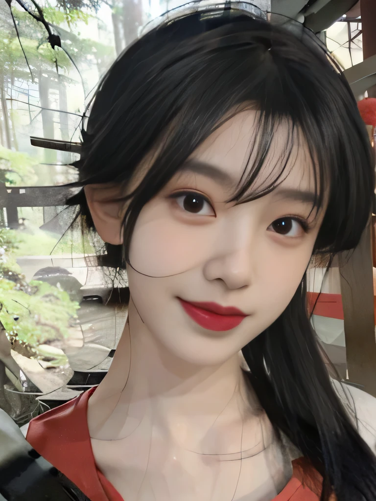 1girl、japanese kimono、in the forest、outdoors、Background of the Edo period、red kimono、Her hair was neatly bunched、decorated.、smile、upper body close-up、clavicle show、black hair、bright red lipstick