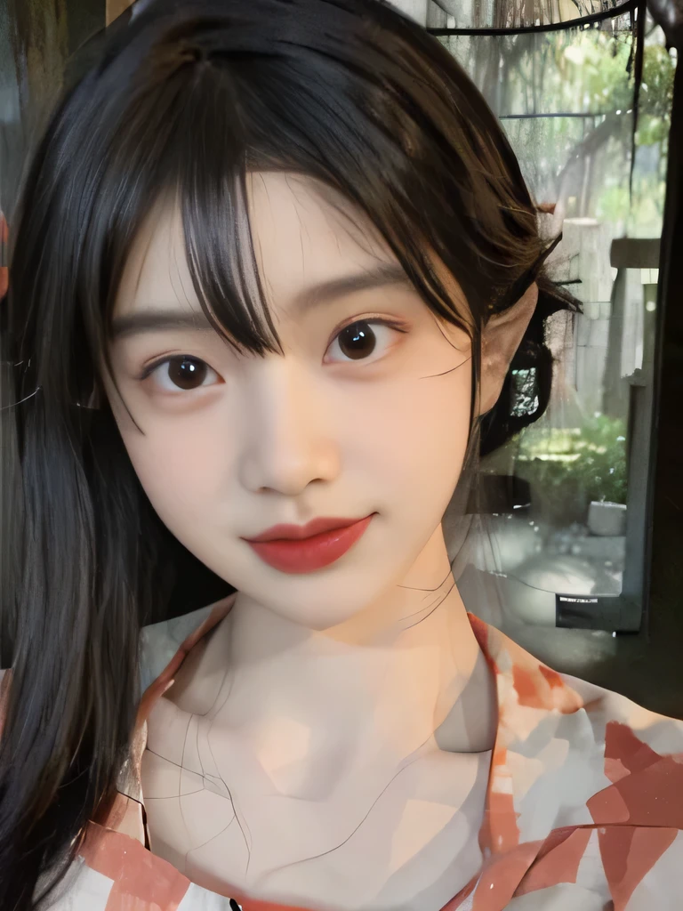 1girl、japanese kimono、in the forest、outdoors、Background of the Edo period、red kimono、Her hair was neatly bunched、decorated.、smile、upper body close-up、clavicle show、black hair、bright red lipstick