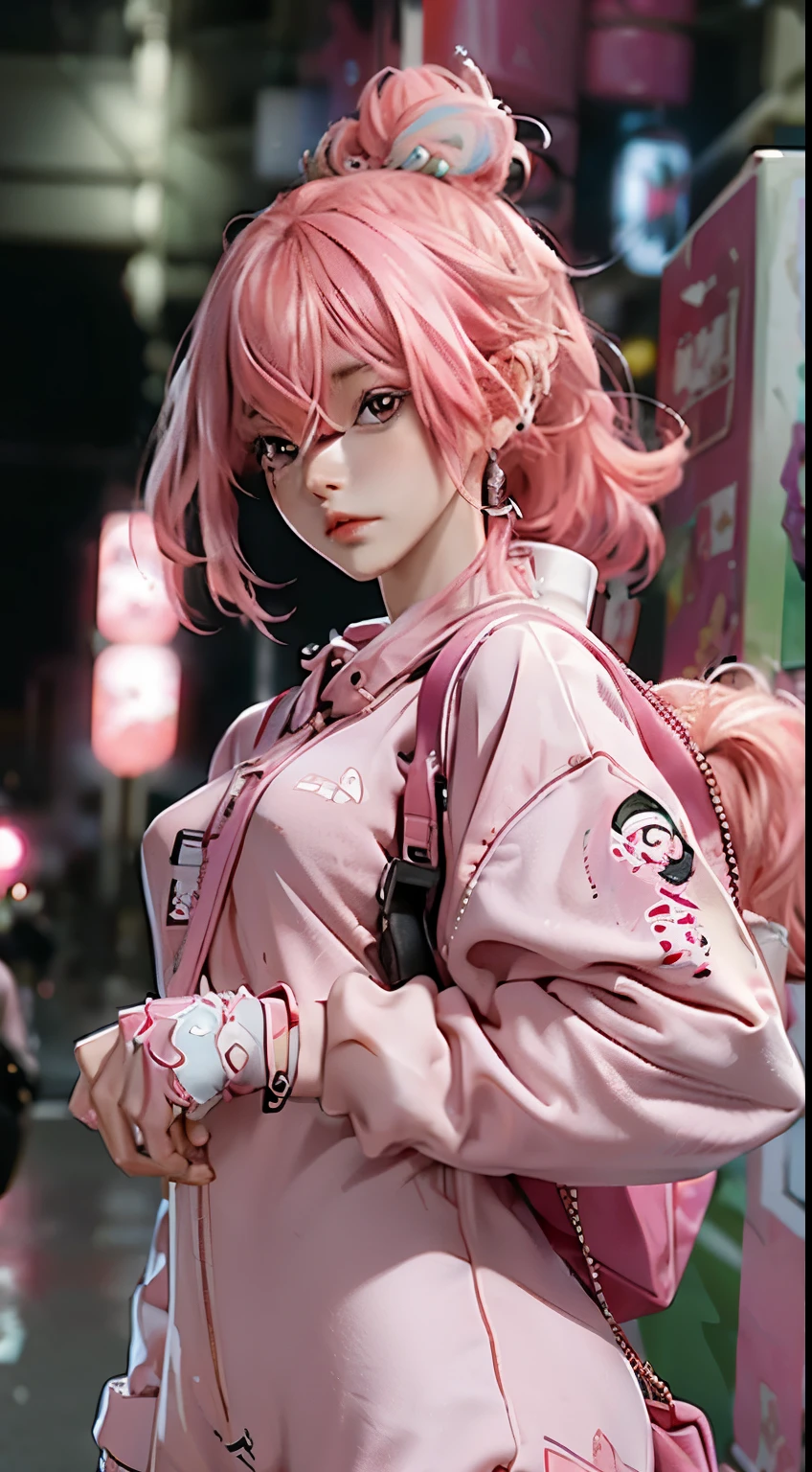 anime girl with pink hair with a backpack, she is wearing streetwear, with pink hair, portrait of jossi of blackpink, ulzzang, ((pink)), jossi of blackpink, lalisa manoban of blackpink, wearing cyberpunk streetwear, japanese streetwear, with long hair, anime girl in real life, casual pose, pink girl