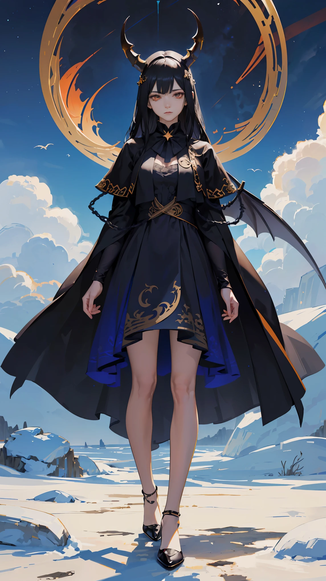 Seven Rhaeyar, Ancient Star goddess, Perfect female anatomy (Adult Female, 166cm in height, pale skin, slim, slender, 34D breast size, Dark Orange Eyes with beautiful details, Long Straight Black Hair, Beauty Mark Mole on right cheek bone, a set of black horns on her head), Neutral facial expression, Elegant white dress with black bow tie, blue coat knee length, dragon motifs, gold and rope accessories, View of the open blue sky with only clouds, receiving light from the front, Ethereal glow