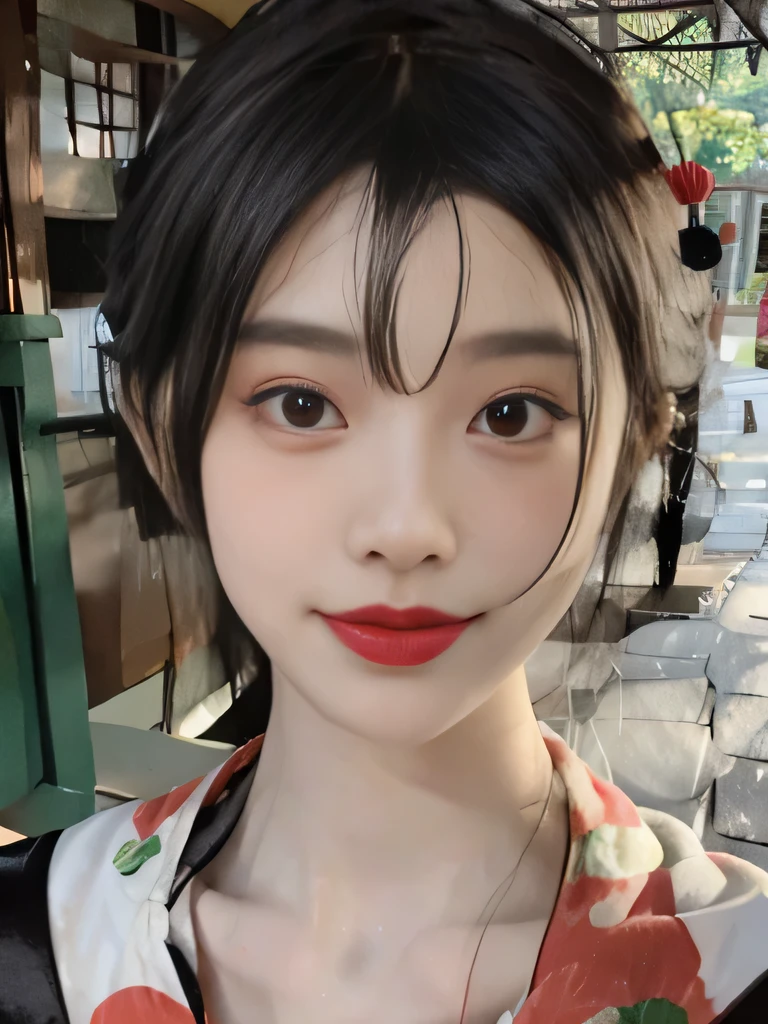 1girl、japanese kimono、in the forest、outdoors、Background of the Edo period、red kimono、Her hair was neatly bunched、decorated.、smile、upper body close-up、clavicle show、black hair、bright red lipstick