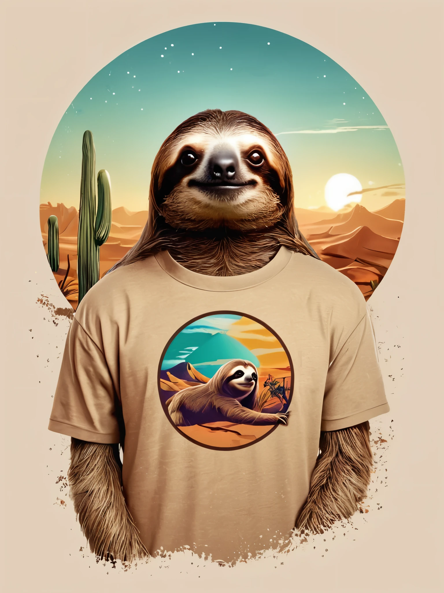 isolado vector-art t-shirt design of a sloth with wanderlust, looking at the desert with curiosity and wonder. Sloth should be portrayed with a sense of wonder and fascination, cercado pelas maravilhas da natureza. Use cores suaves e sonhadoras para criar uma atmosfera extravagante e encantadora. The design should evoke a sense of wanderlust and encourage viewers to embrace their own adventurous spirit., isolado, sem fundo, no estilo 0mib