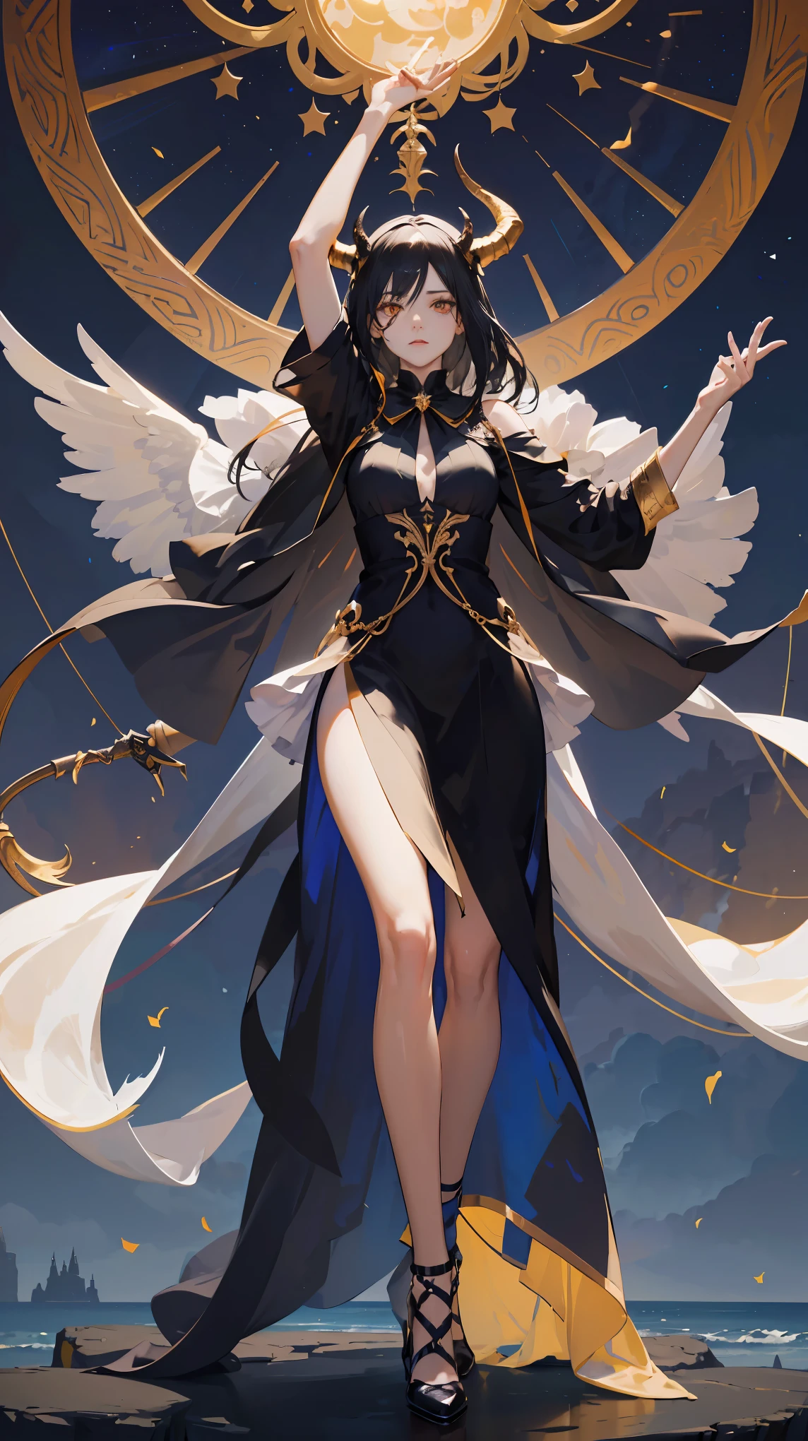 Seven Rhaeyar, Ancient Star goddess, Perfect female anatomy (Adult Female, 166cm in height, pale skin, slim, slender, 34D breast size, Dark Orange Eyes with beautiful details, Long Straight Black Hair, Beauty Mark Mole on right cheek bone, a set of black horns on her head), Neutral facial expression, Elegant white dress with black bow tie, blue coat knee length, dragon motifs, gold and rope accessories, View of the open blue sky with only clouds, receiving light from the front, Ethereal glow