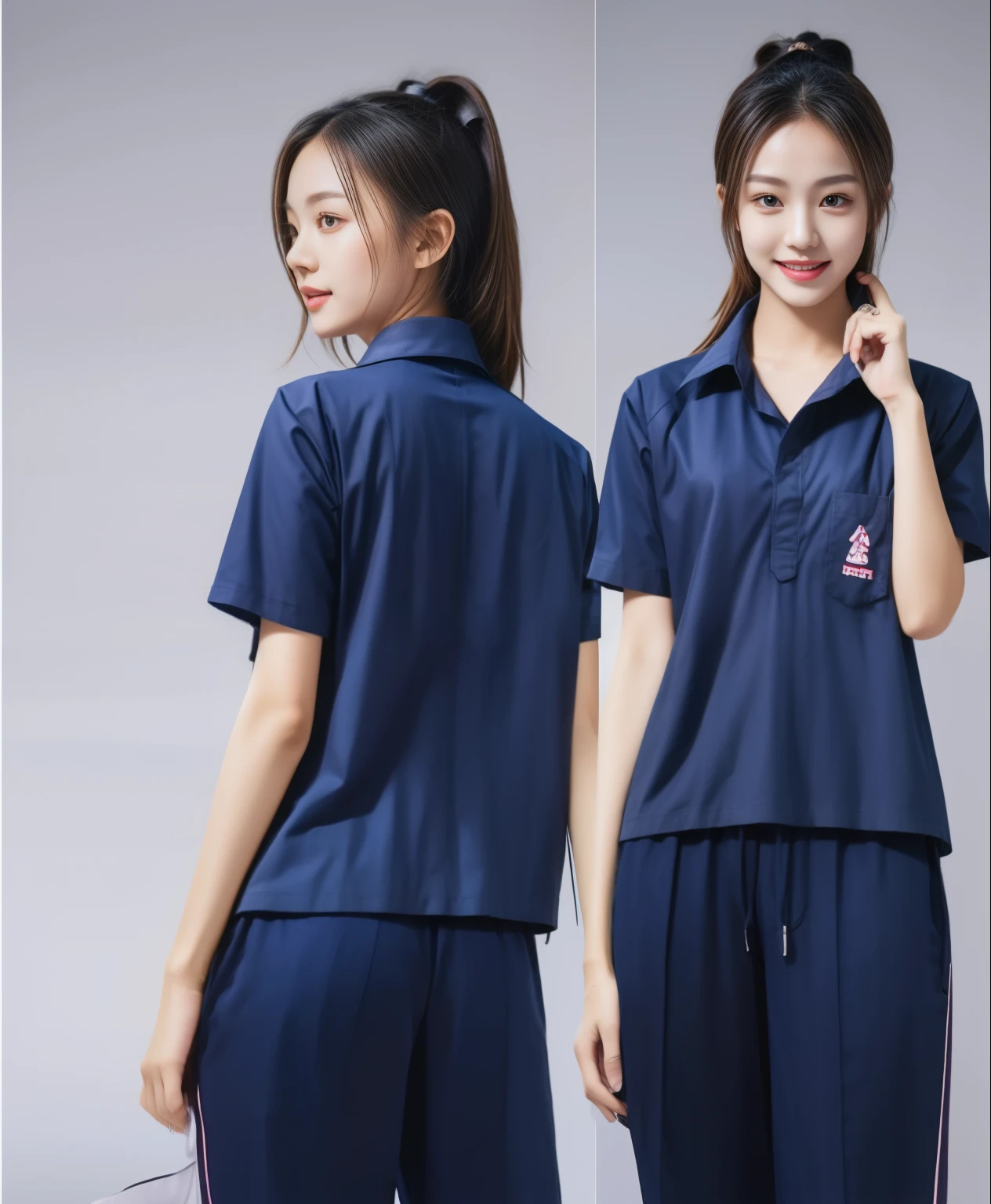 (best quality,10,10,height,Masterpiece:1.2),Special details,(realistic,ภาพrealistic,Realistic photos:1.37),1 Cute girl in the kitchen,shiny, ผิวshiny,only,smile softly,BDclothelue shirt:1.3)),short sleeve,shirt, กางเกงขาlong.,(navy_long_track pants:1.1), ((Kitchen Background)),Dynamic angle,excited,Face focus,dynamic poses,from behind,focus on ass,Masterpiece, best quality, ultra realistic, hyper-detail, 8K resolution, raw photos, Sharp focus, ((Navy blue shirt:1.1)), short sleeve, เส้นทางlong, perfect body, 2 mature women, 18 years old, Cinema-grade lighting system,blue sweatpants,shirtผ้าออกกำลังกาย,correct anatomy,perfect body, correct body, Sharp face, correct bodyทางกายวิภาค, full body, realistic gestures, long-haired, realistic poses,Wear long shorts...........................,ช่วงขาlong,Good shape,carved girl, Slender figure, model, Good shape, beautiful body,blue sweatpants, two girls kissing