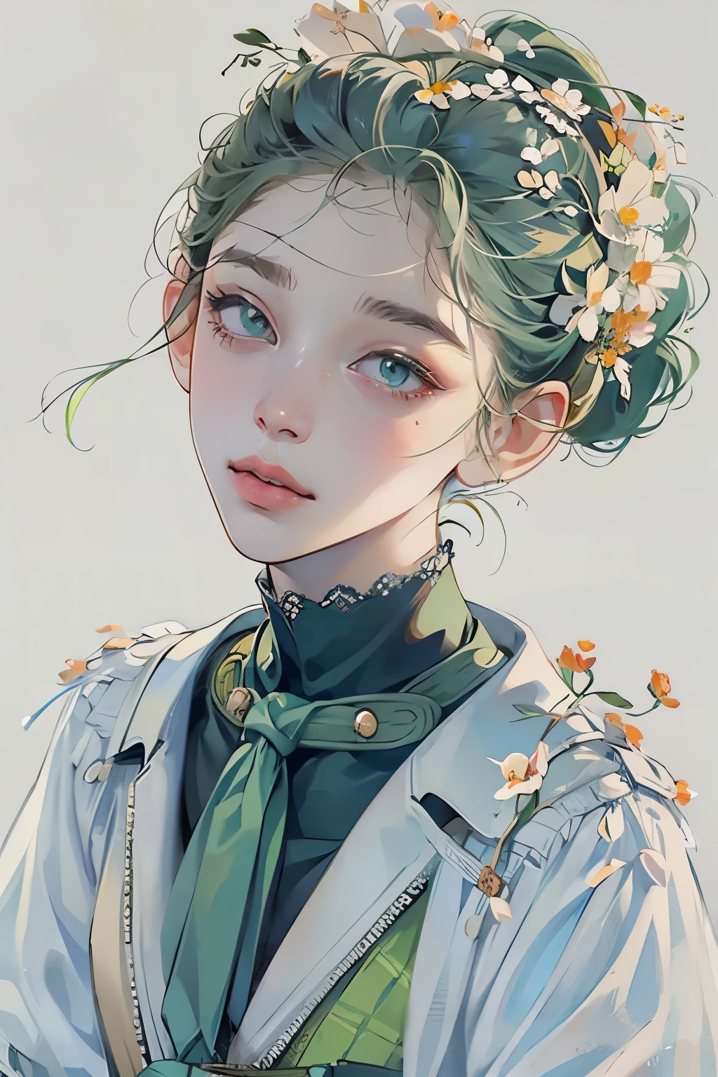 A li, brown ponytail, white skin, short man, green eyes, masterpiece, punk jacket, white shirt, green tie, open shoulders, open sleeves, light smile, flower, quiet, restrained, (concept art)