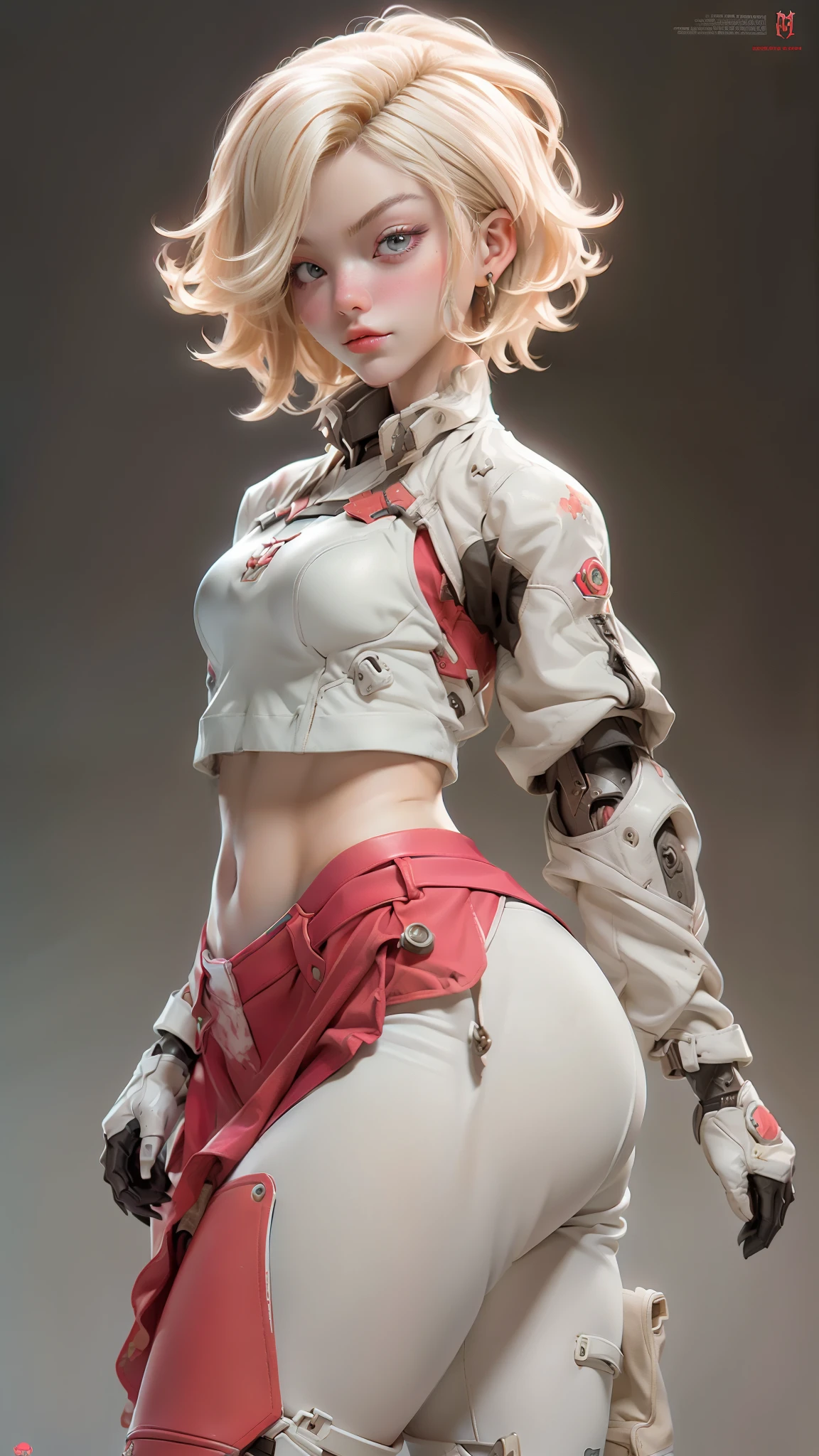 beautiful face woman、blonde、white background、 Beautiful woman、18-year-old、Beautiful woman、ultra-realistic photography、high resolution photos、Red Lipstick Andalorian Style Metal Armor Skirt Suit、Not much skin exposed、Don't cut your head off the screen、tartan check、there's pink there、facing the front