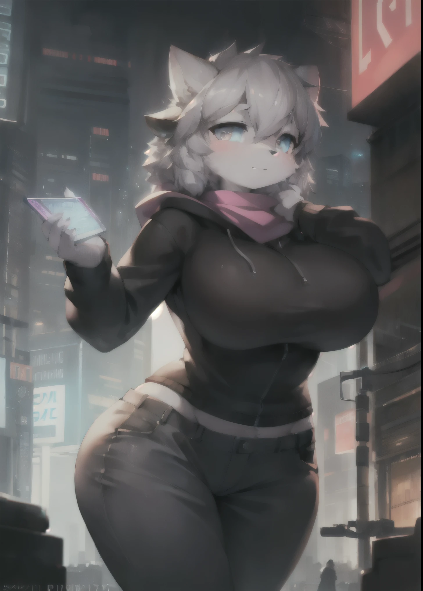 a full body, anthropomorphic wolf girl next to a sheep girl, both are wearing a hoodie, pants and a scarf around the neck, cute face, wide hips, large breasts, posing for a picture in a cyberpunk city at day, highly detailed, detailed eyes, distinct pupils, contrast, hard light, gigapixel, 8k resolution, beautiful, cinematic, elegant, octane, unreal, unreal, high definition, 8k resolution, highly detailed, 8k uhd, professional lighting, photon mapping, radiosity, physics-based rendering, award-winning photography, detailed face, backlight, ray tracing, vivid look, cinematic lighting