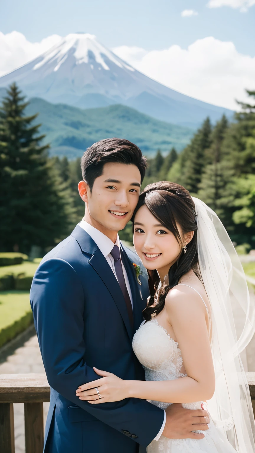 A handsome man and beautiful woman get married. Both are in their early twenties. The two looked at the camera with smiles on their faces. Japan. Fuji Mountain. depth of field.