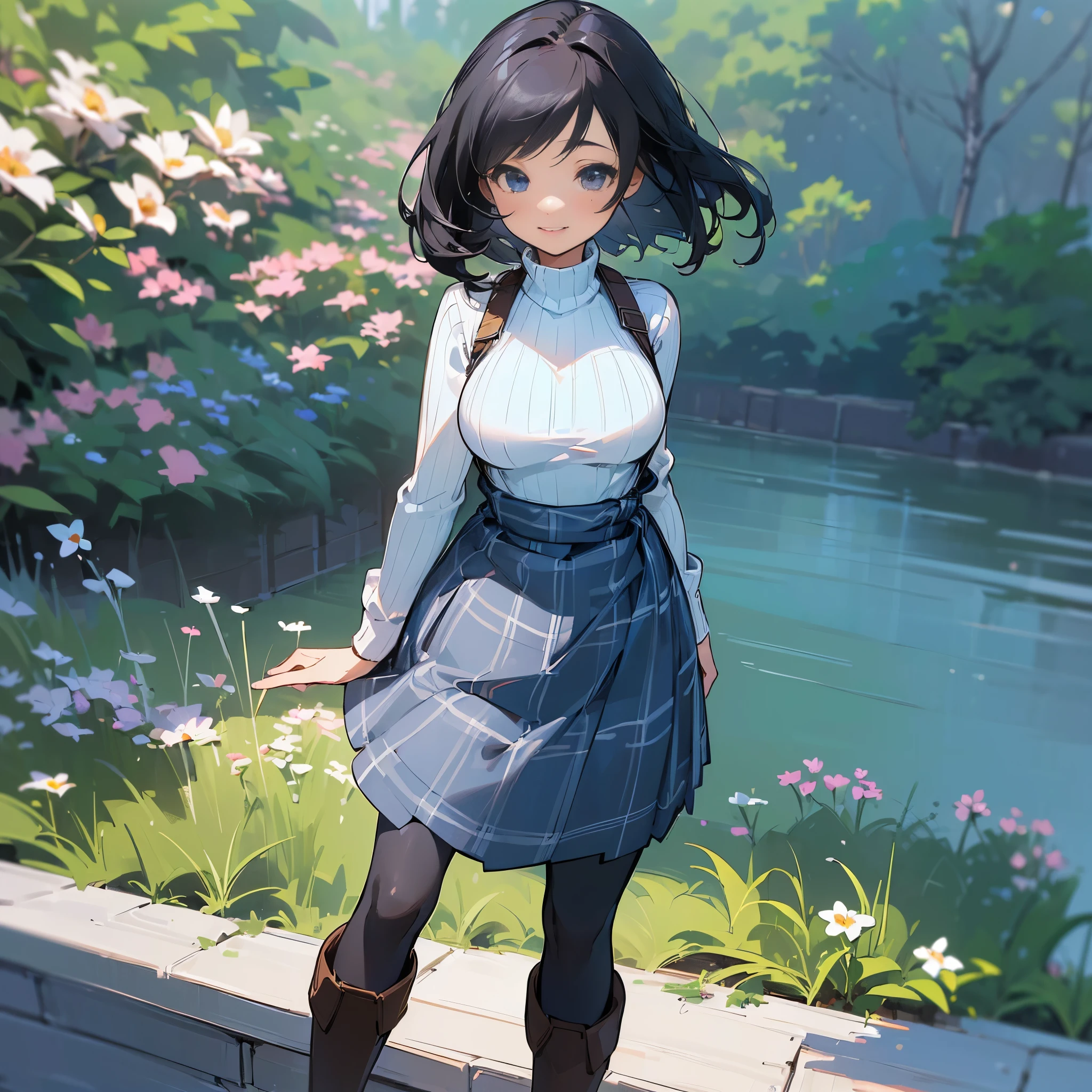 (high quality, high resolution, Super detailed, Reality:1.37), peaceful atmosphere, (outdoor, garden), teenage girl standing alone, (my breasts are big.), beautiful detailed features, cute smile, (black bob hair), ribbed sweater, blue plaid skirt, black tights, brown boots.