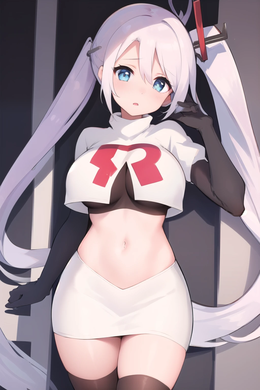 (masterpiece, best quality:1.2),illustration,8k,hd,1girls,solo,very_long_hair,blush,heart,side_ponytail,ahoge,blue_eyes,large_breasts,bangs,heart-shaped_pupils,hair_ornament,hair_between_eyes,team rocket,team rocket uniform,white skirt,red letter R,crop top,black thigh-highs,black elbow gloves