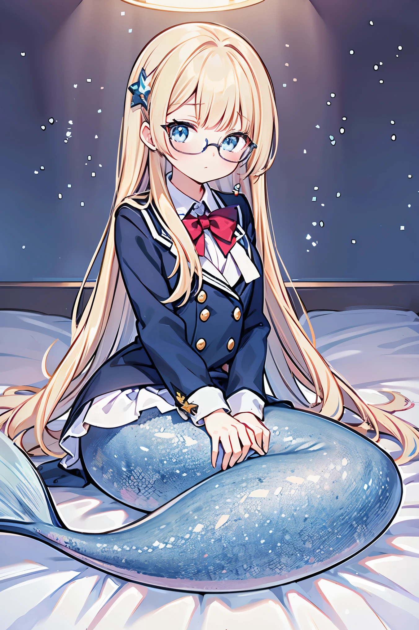 masterpiece, best quality,Mermaid,Blue fish tail,Long blonde hair,blue eyes,school uniform,Glasses,full-body shot,charming脸, Oval face(kawaii, charming,soft)