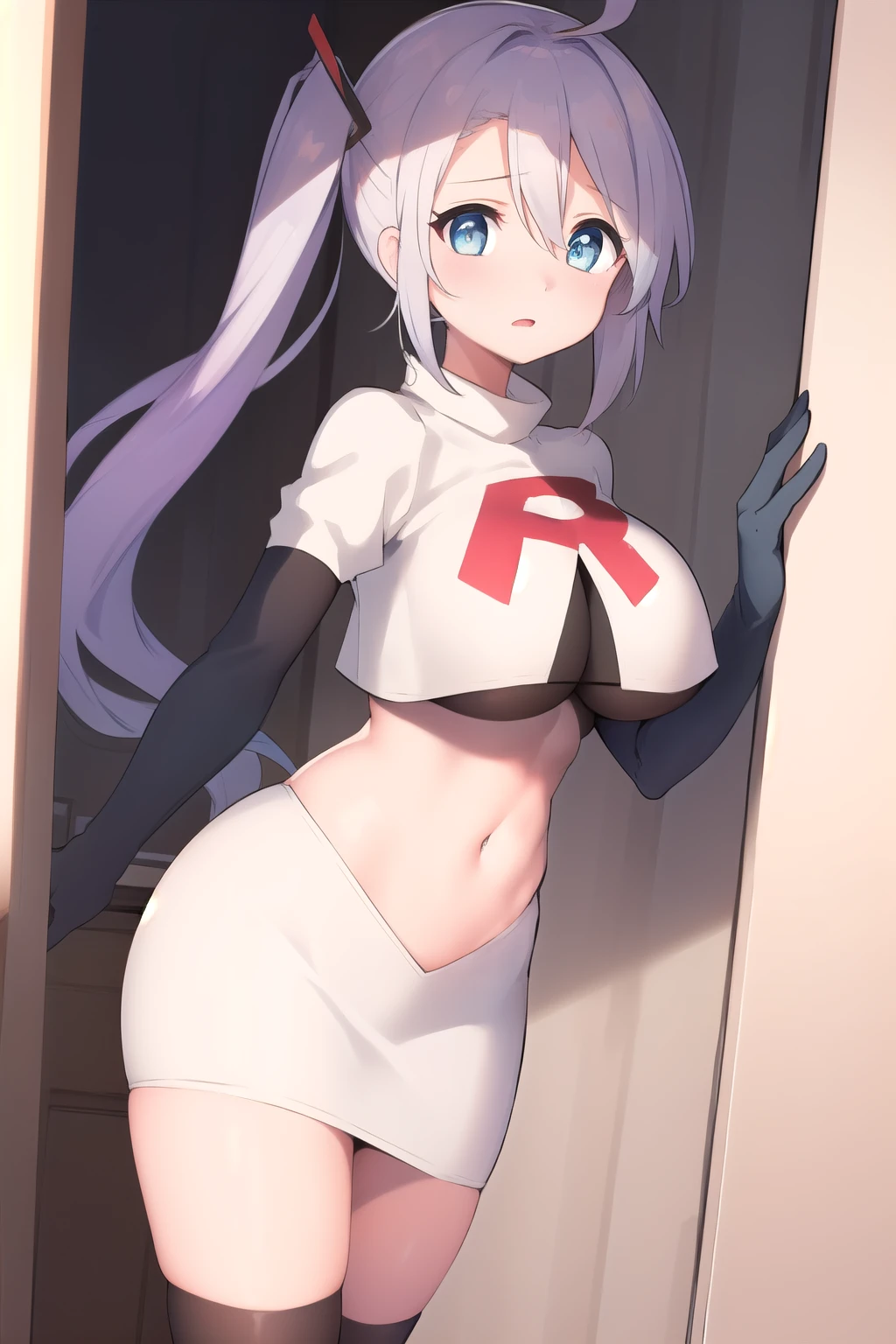 (masterpiece, best quality:1.2),illustration,8k,hd,1girls,solo,very_long_hair,blush,heart,side_ponytail,ahoge,blue_eyes,large_breasts,bangs,heart-shaped_pupils,hair_ornament,hair_between_eyes,team rocket,team rocket uniform,white skirt,red letter R,crop top,black thigh-highs,black elbow gloves