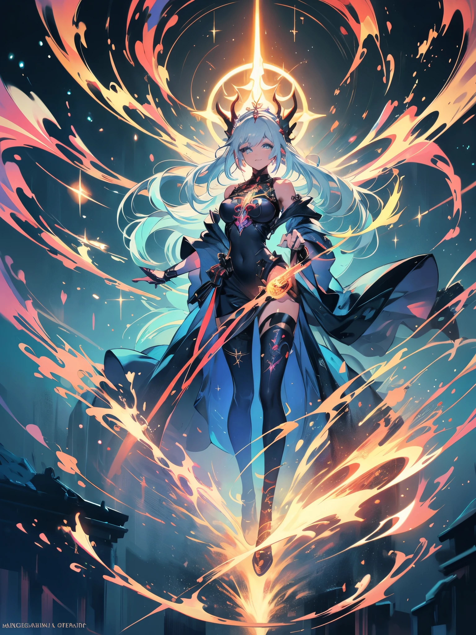 Uma excelente pintura de uma linda garota branca, flamejante, cercado por chamas, estilo de garota de fogo dota2, estilo de faca fantasma, cabelo parecido com fogo, longos cabelos ruivos, watery blue Olhos grandes, cintura fina, quadris largos, vestes de mago, magic colors, Estilo World of Warcraft, Por Blizzard Entertainment, Ultra HD, 8K, Textura de pele real, melhor luz, melhor sombra, Lina do dota2, Action, magical world, Aerial view, boca pequena, nariz pequeno, Olhos grandes, bonitinho