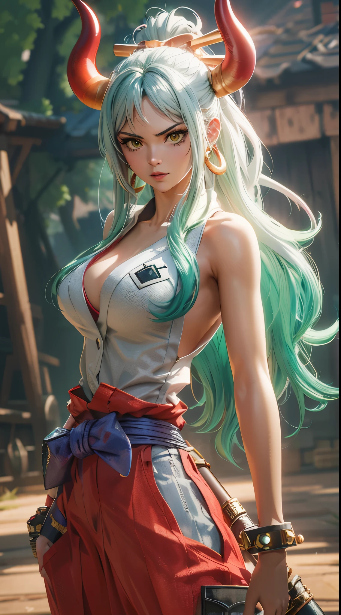 Anime style image of woman with long green hair and horns, Tifa Lockhart white hair, Realistic anime girl rendering, Rostland 8K, Zodiac Girl Knight Portrait, deviantart art station cgscosiety, 3D rendering character art 8k, Ross Tran style, Realistic anime 3D style, Stunning character art, Anime style 3D