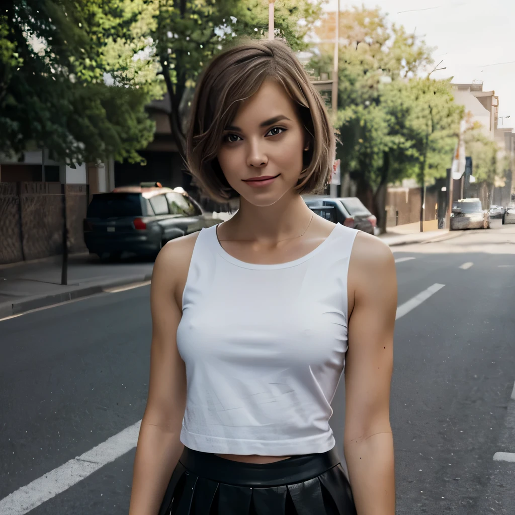 high quality, Realistisch, Foto-Shooting, girl, pretty, Short bob haircut just above the shoulders, Blick auf die Kamera, Kopf und Schultern, blonde, Seitenteil, Kein Pony, smiling, Modell, Fachmann, standing on a street, wears a skirt, und ein T-Shirt mit einer Lederjacke