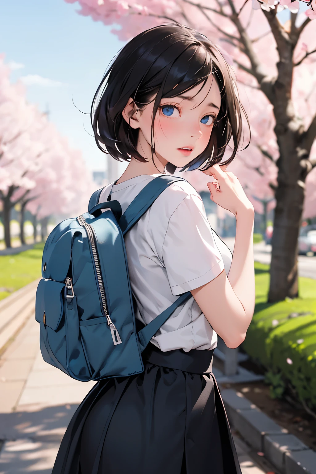 A girl wearing a T-shirt with a flared skirt and a backpack, her skirt flips up: 1.5, When she turns around, she has blue eyes, a blue sky, blushing: 1.1, a disgusted face: 1.0, row of cherry blossom trees, background blur