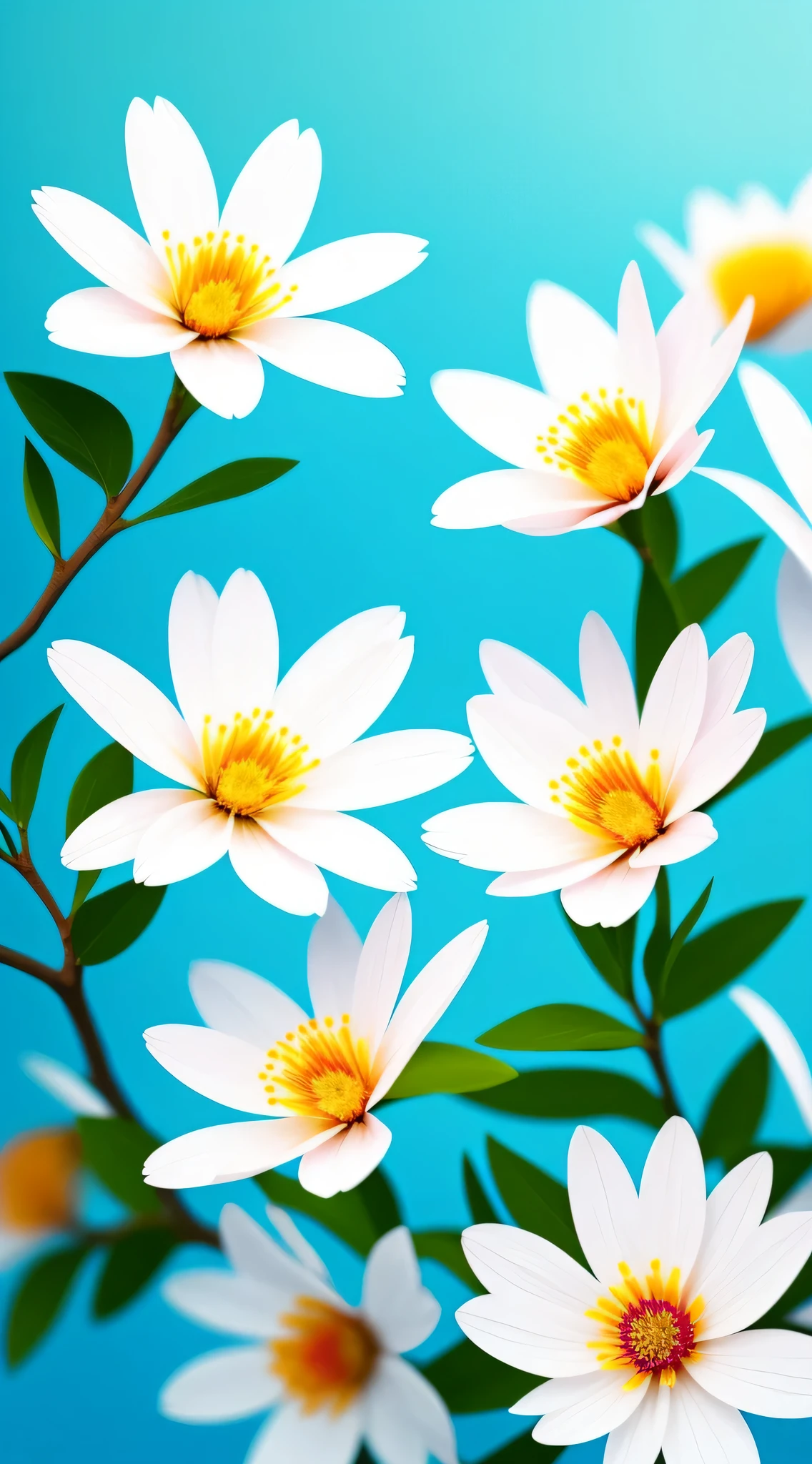 Close-up of a bouquet of flowers on a branch,Paul Basson,simple warm color background,Light blue petals,flowering,beautiful digital artworks,beautiful digital art,flowers and flowering,Surreal Flower of Wisdom,Beautiful flowers,flowers bloom,flowers with intricate details,incredibly beautiful,beautiful art,Beautiful composition 3-d 4k,Gorgeous digital art,Sakura NS