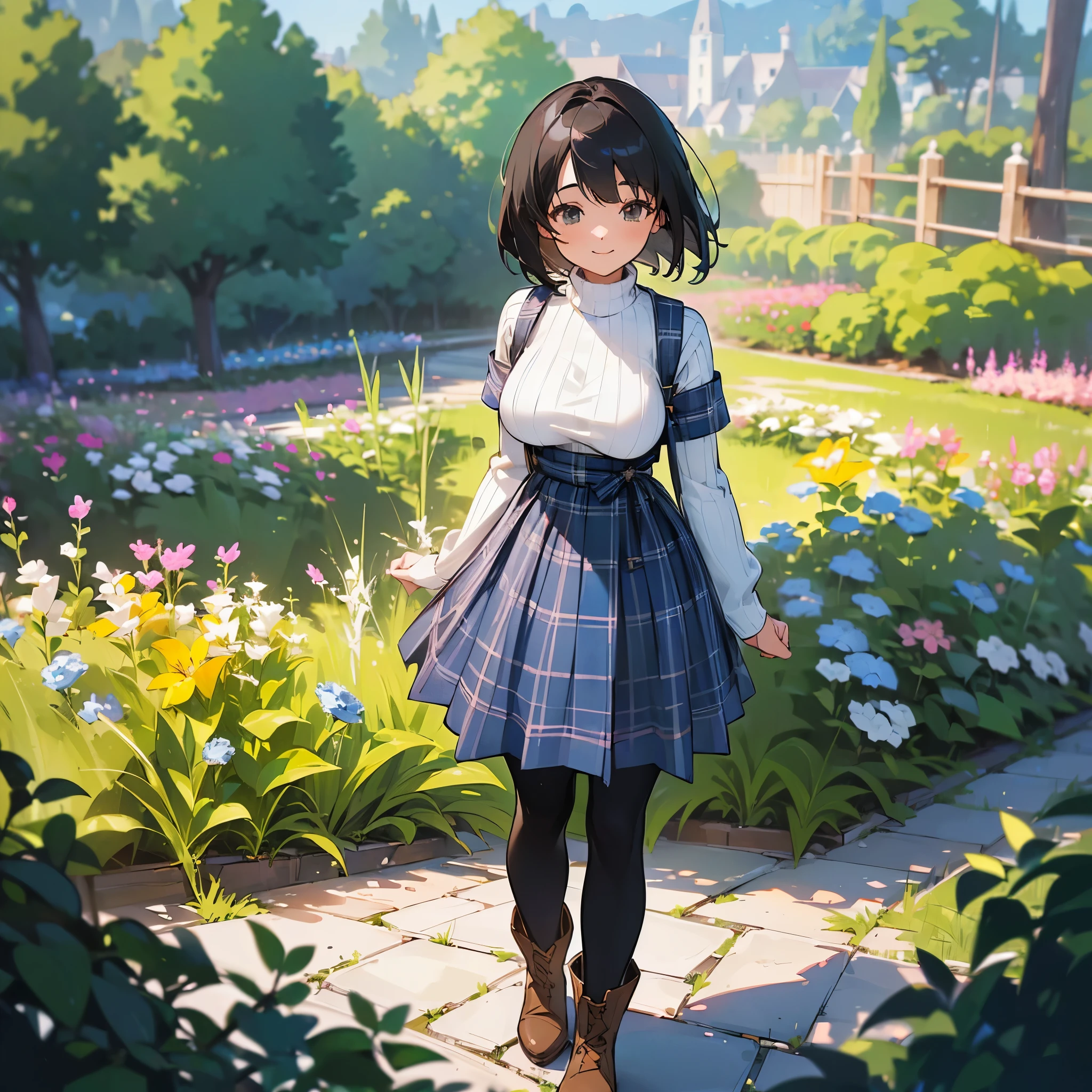 (high quality, High resolution, Super detailed, reality:1.37), peaceful atmosphere, (outdoors, garden), teenage girl standing alone, (my breasts are big.), Beautiful detail features, cute smile, (black bob hair), ribbed sweater, blue plaid skirt, black tights, brown boots.