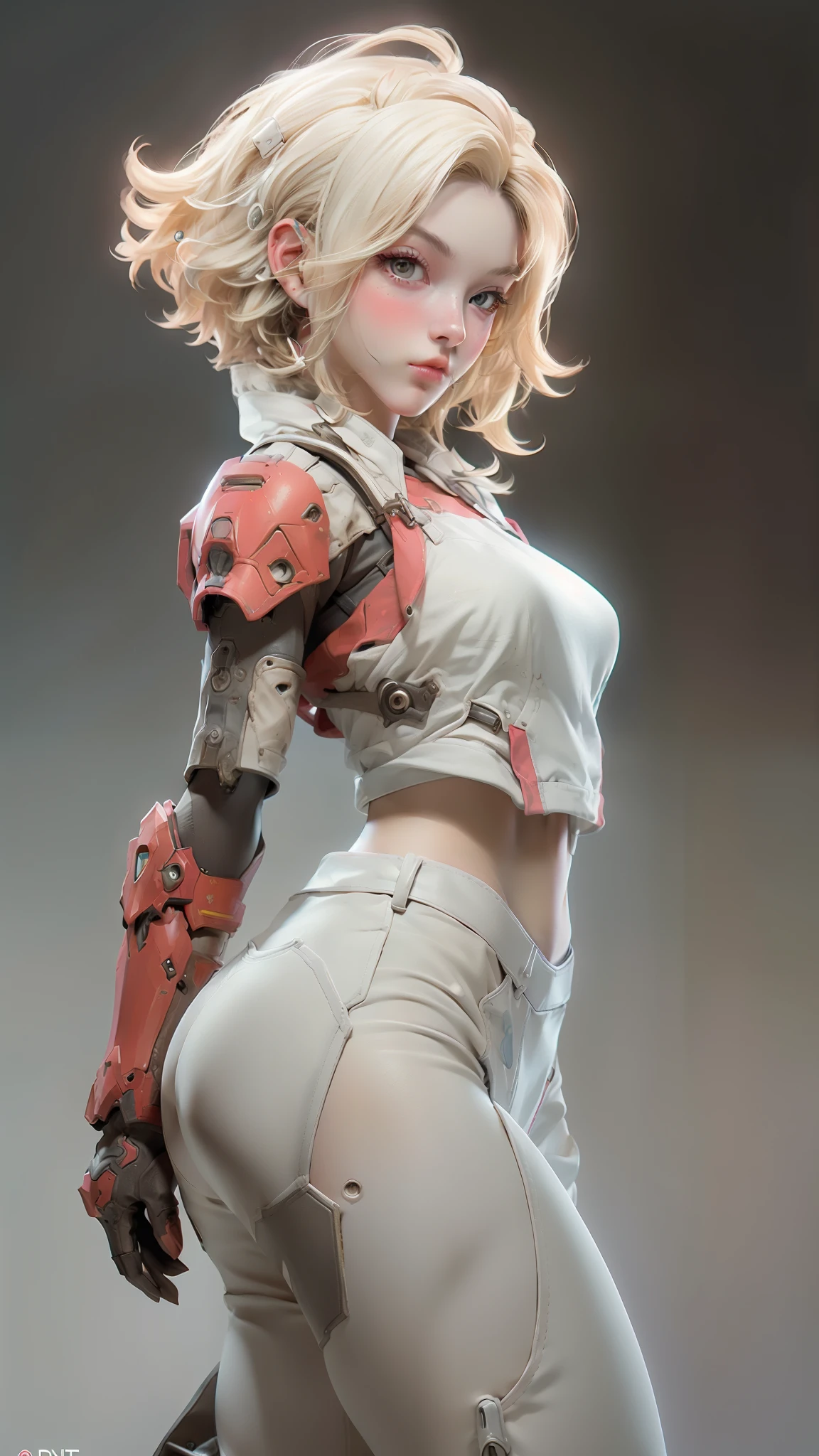 beautiful face woman、blonde、white background、 Beautiful woman、18-year-old、Beautiful woman、ultra-realistic photography、high resolution photos、Red Lipstick Andalorian Style Metal Armor Skirt Suit、Not much skin exposed、Don't cut your head off the screen、tartan check、there's pink there、facing the front