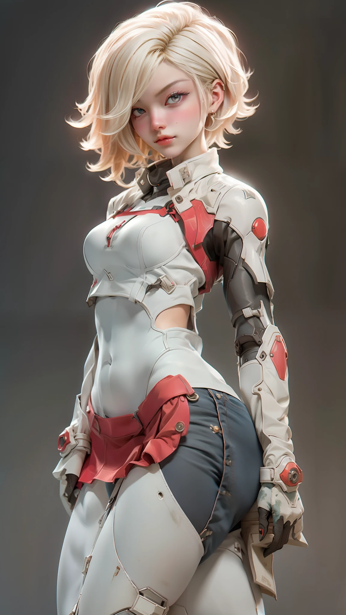 beautiful face woman、blonde、white background、 Beautiful woman、18-year-old、Beautiful woman、ultra-realistic photography、high resolution photos、Red Lipstick Andalorian Style Metal Armor Skirt Suit、Not much skin exposed、Don&#39;t cut your head off the screen、tartan check、there&#39;s pink there、facing the front