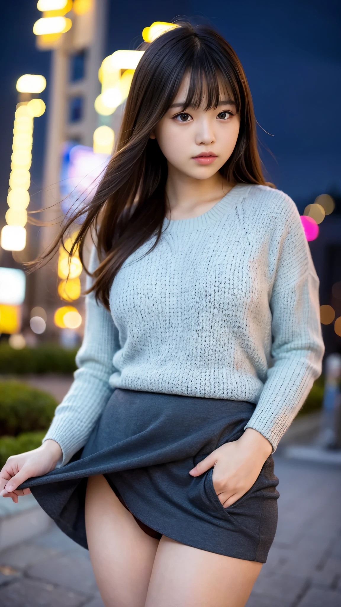 1 girl、(looking at the viewer)、(Bokeh:1.1)、parted lips、No expression、realistic、tights、skirt、skyline、realistic、アップskirt、skirtリフト、highest quality、masterpiece:1.3、超A high resolution、Angle of view from below:1.25 、panties close up:1.35、embarrassed look、The background is a night view、(look viewer:1.3)、(beautiful face:1.2)
