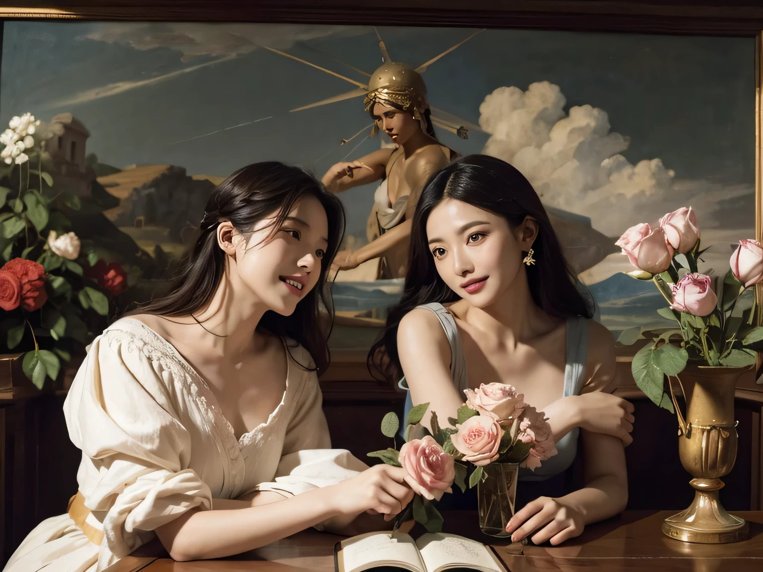 Giorgione's painting style、Discussion between two female philosopherath、astronomical machine、astronaut、roses in vase、fruit、Cute trinkets、smile、ancient greek costume、Ancient Roman landscape in the style of Nicolas Poussin、laughter、Sweet and enchanting appearance。 、caravaggio painting、Caravaggio's Chiaroscuro、hair blowing in the wind、two women having fun、cute smile、expression of ecstasy、sexy、erotic