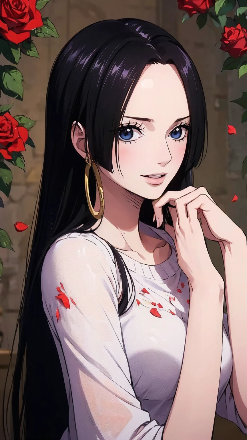 best quality, masterpiece, highly detailed,1girl,  ((rose)), (vine), cage, bandage, red rope, (detail light), falling rose petals, Boa Hancock,, (masterpiece:1.5), Detailed Photo, Smiling,(8K, Photorealistic, Best Quality: 1.4), (1girl), Beautiful Face, (anime realistic Face), (Black Hair, long Hair: 1.3), Beautiful Hairstyle, Realistic eyes, beautiful detail eyes, (realistic skin), beautiful skin, (sweater), absurd, attractive, ultra high resolution, ultra realistic, high definition, golden ratio,