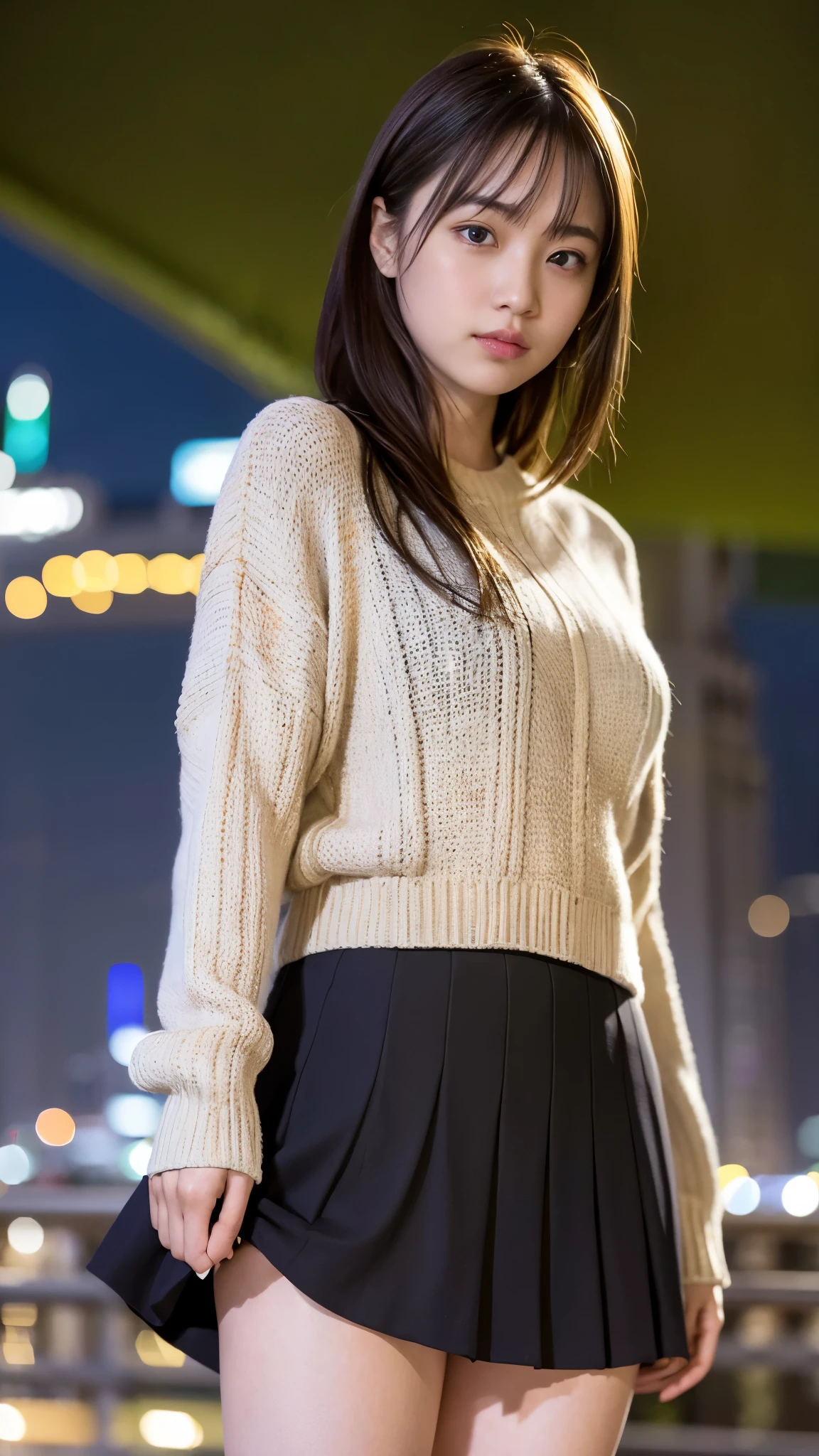1 girl、(looking at the viewer)、(Bokeh:1.1)、parted lips、No expression、realistic、tights、skirt、skyline、realistic、アップskirt、skirtリフト、highest quality、masterpiece:1.3、超A high resolution、Angle of view from below:1.25 、panties close up:1.35、embarrassed look、The background is a night view、(look viewer:1.3)、(beautiful face:1.2)