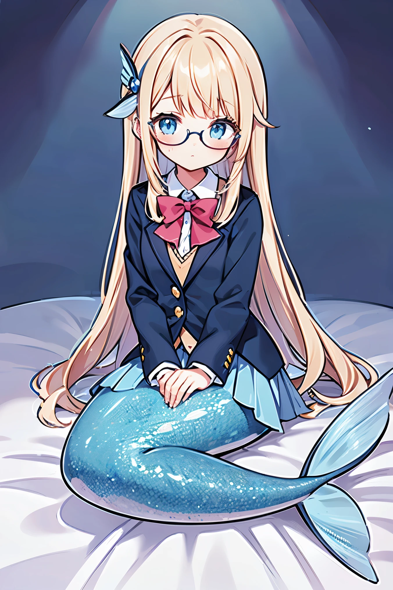 masterpiece, best quality,Mermaid,Blue fish tail,Long blonde hair,blue eyes,school uniform,Glasses,full-body shot,charming脸, Oval face(kawaii, charming,soft)