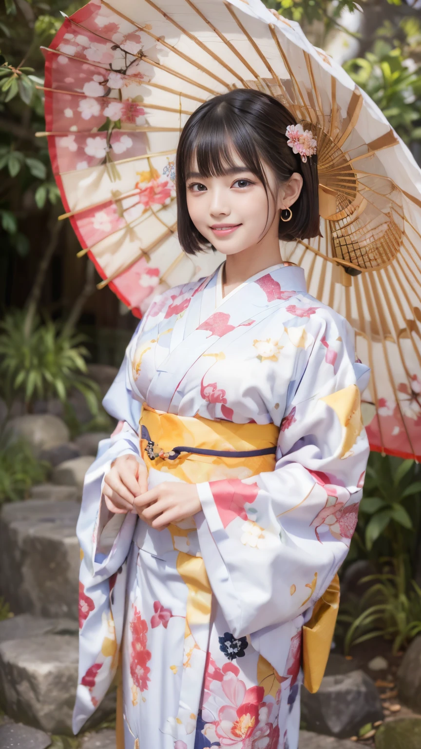 Masterpiece, Best-quality, RAW-photo, Ultra-High-Resolution, Photorealistic,
(Anatomically correct, 16-years-old, viewer's lover, She truly loves viewers, baby face, cute face, Perfect body, slim waist and busty body, Slender legs, Large breast, Realistic skin, angle from below, Show your whole body style),
((Wear Kimono with intricate patterns and traditional designs, detailed colors, Kimono with brightly colored patterns, Traditional and luxurious kimono, Japanese umbrella, Japanese pattern pouch:1.3)),
(maiko, Round face, Black hair, Moist eyes, Shining eyes, Short bob cut, Bangs, Down-slating eyebrows, one little earring, Light blush),
(Look at the viewer, See photographer, standing),
(sensual smile, parted lips, Squint your eyes and smile, stick out your tongue),
(traditional japanese garden),
Natural lighting, full length,