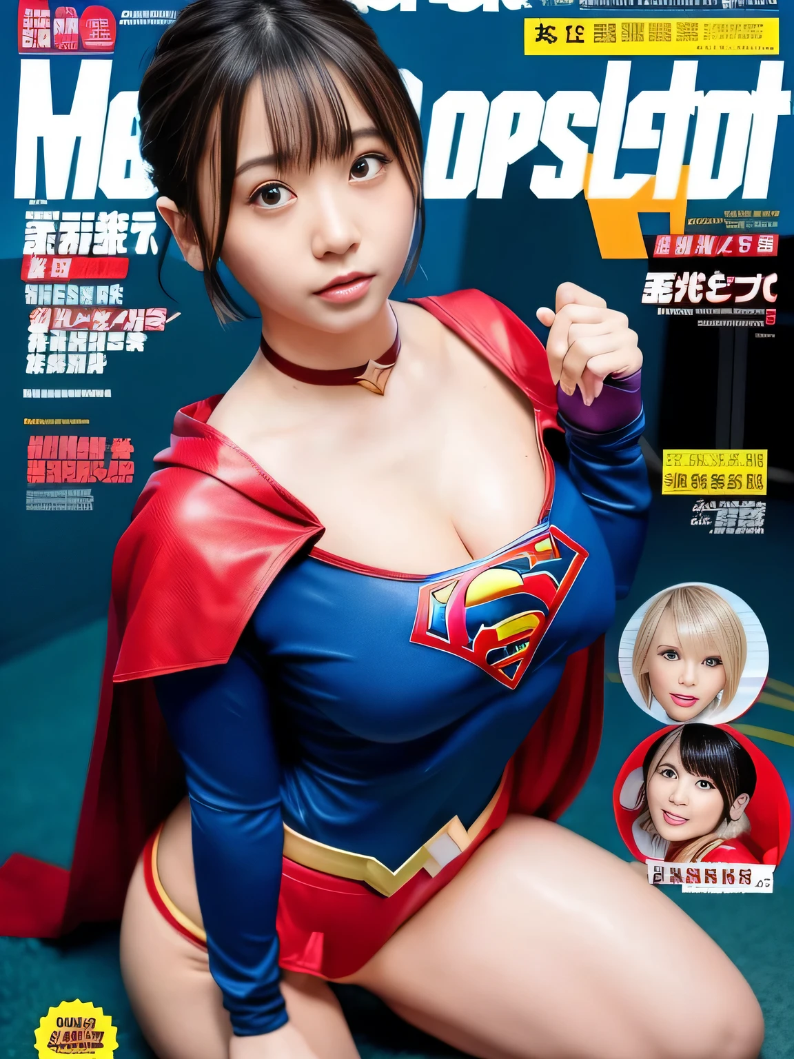 masterpiece、supergirl costume、barefoot、short hair、big and full 、human experiment subjects、Crisis situation、Research room、Experimental facility、Research room、research facility、graduate school、choker、long sleeve、red skirt、looking at camera、Weekly magazine cover、Sweat、Sweatまみれ、model body shape、from right in front