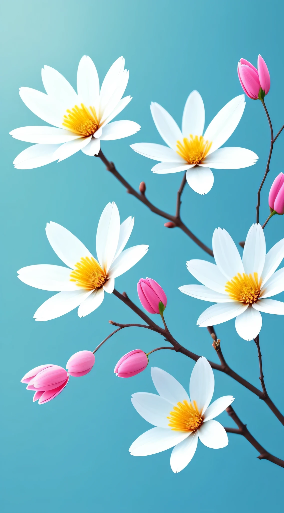 Close-up of a bouquet of flowers on a branch,Paul Basson,simple warm color background,Light blue petals,flowering,beautiful digital artworks,beautiful digital art,flowers and flowering,Surreal Flower of Wisdom,Beautiful flowers,flowers bloom,flowers with intricate details,incredibly beautiful,beautiful art,Beautiful composition 3-d 4k,Gorgeous digital art,Sakura NS