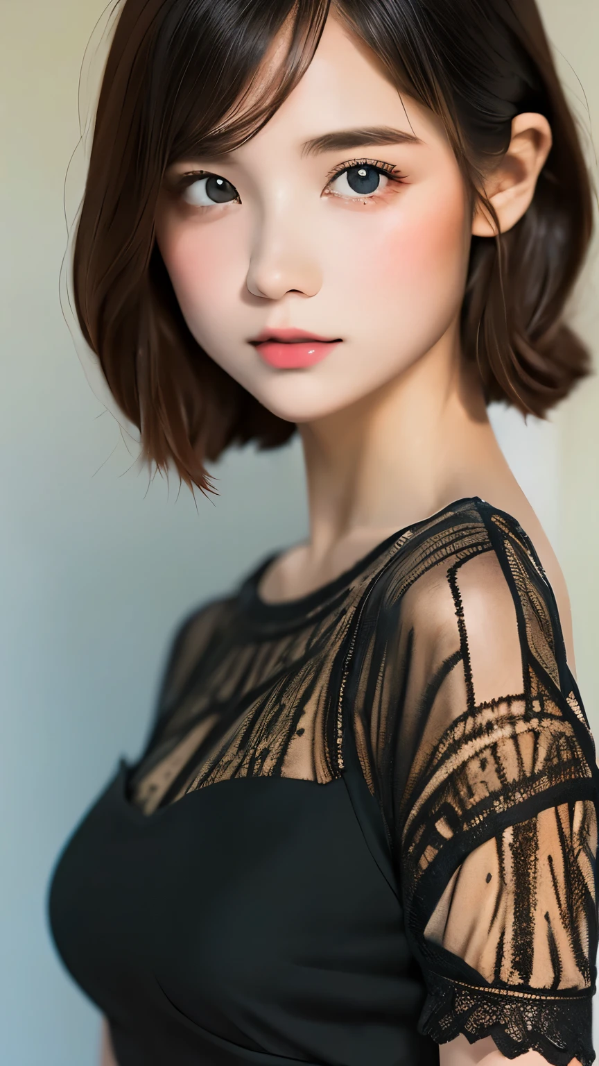 digital portrait、realistic depiction of the human body、RAW photo、one girl、gentle gray eyes、plump lips、An ennui look、small breasts、shortcut、(((Elegant black lace-like line dress、Dense and artistic lace black line dress、beautiful dress、super luxury dress)))、highest quality、super resolution、master piece:1.5、medium depth of field、50ｍｍlens、cinematic lighting、Backlight、professional photographer、