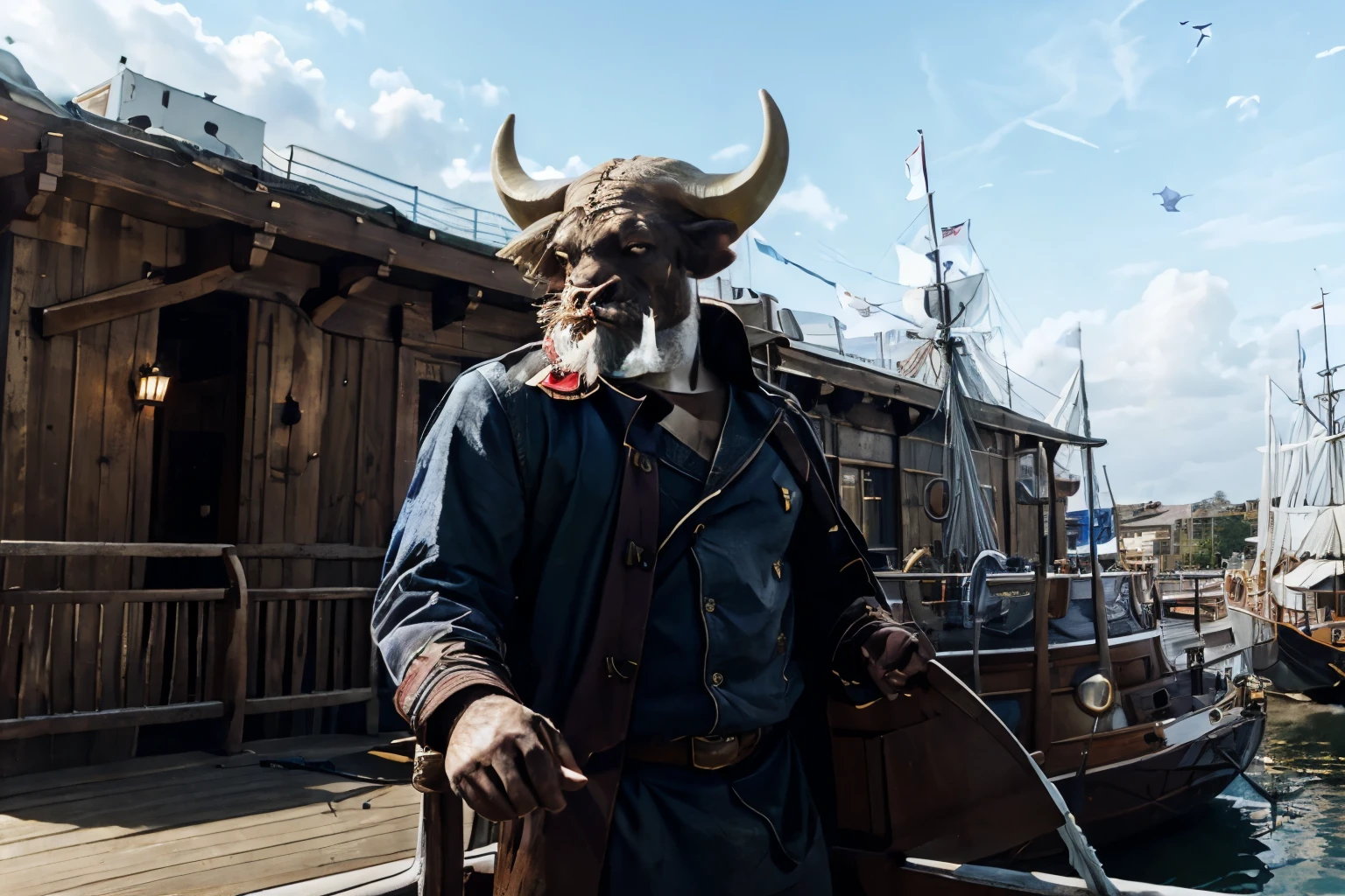 ((Ahab leaning against a railing on the deck of a boat)), photo realistic, best, masterpiece, a minotaur dressed as a ship captain standing on a boat