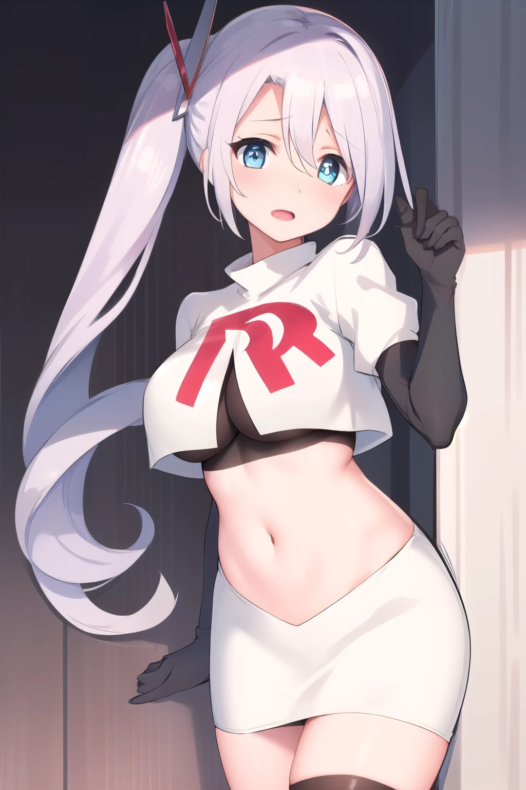 (masterpiece, best quality:1.2),illustration,8k,hd,1girls,solo,very_long_hair,blush,heart,side_ponytail,ahoge,blue_eyes,large_breasts,bangs,heart-shaped_pupils,hair_ornament,hair_between_eyes,team rocket,team rocket uniform,white skirt,red letter R,crop top,black thigh-highs,black elbow gloves