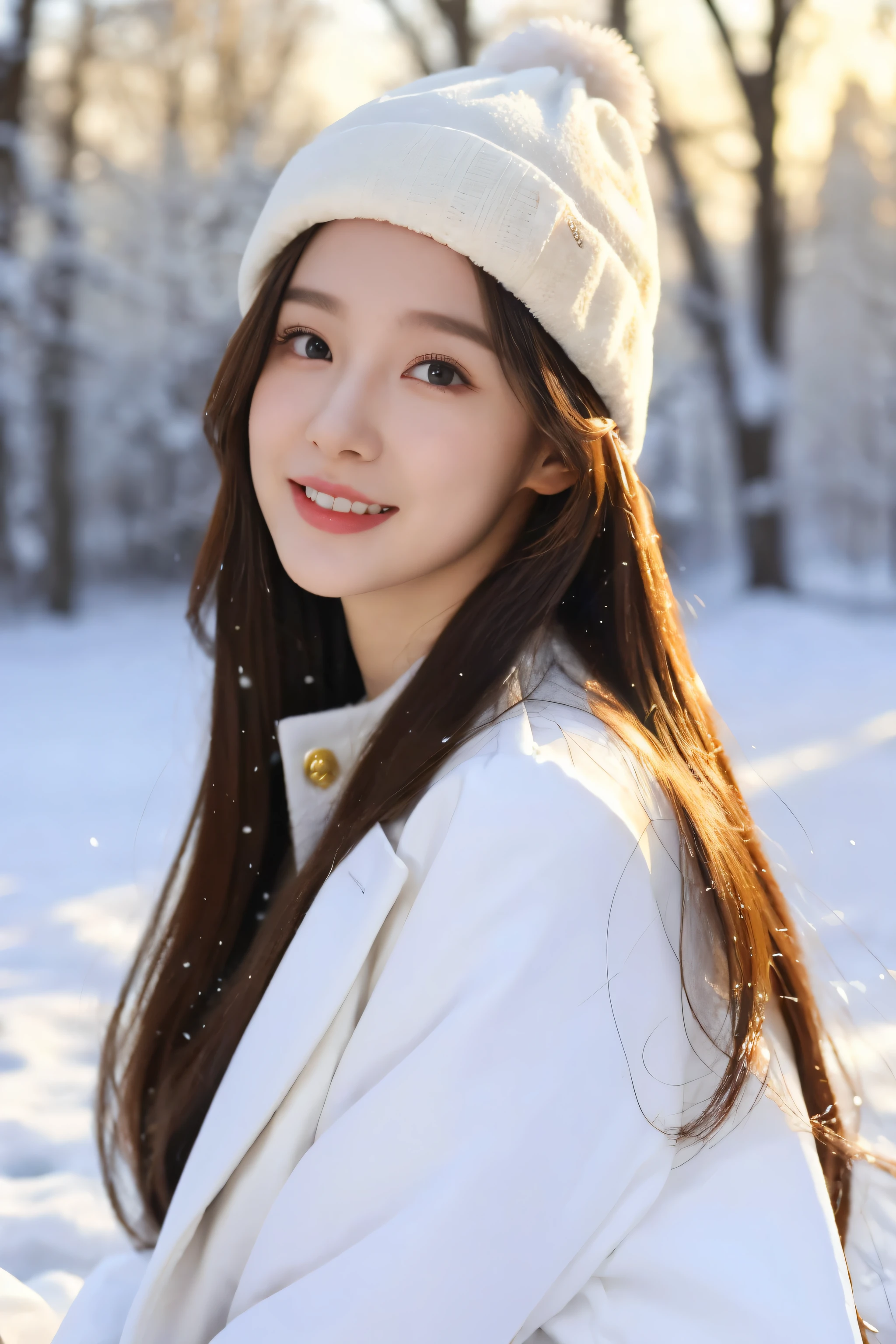 Wearing a white down jacket, fair skin, 1 girl，close your mouth and smile，Winters，23 year old girl，high quality，looking at camera，facing the audience，Snowing day，With bib，real person，Beautiful and delicate girl, The eyes and face are very detailed，fine details，unity,8k wallpaper,real person，have