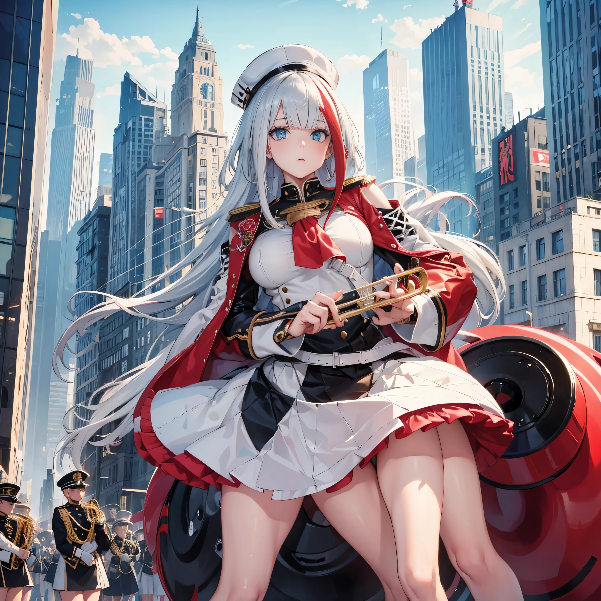 A girl with a white marching band uniform with gold details, silver hair, red bangs, blue eyes, perfect arms, perfect legs, perfect fingers, holding a trumpet, marching band hat, with several people in the marching band background. on a big city road.
