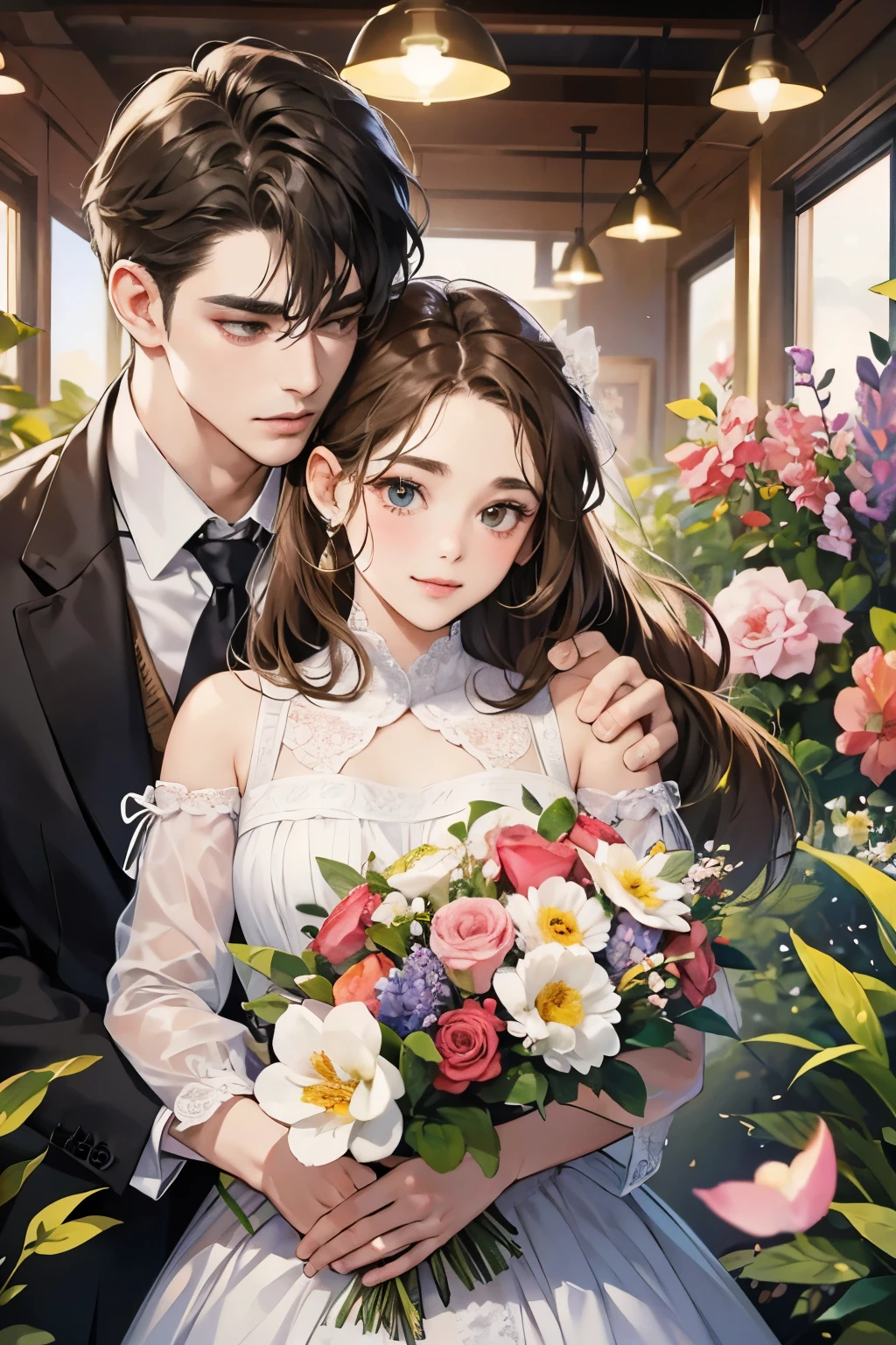(table top, digital illustration, like the photo、4k, 8k, Super detailed, beautiful images, clear image, perfect face, perfect lines, perfect eyes, soft lighting) 1 female, (light brown hair,chignon hair,innocent look,droopy eyebrows,droopy eyes、With a round face,round chin、innocence,cute,Big eyes,natural makeup,smile gently,E cup,23 years old:1.3),Two handsome men in suits, (human,man in suit,muscular、solid shoulder width, boyish hairstyle,A man in his 30s with a cool expression,28 year old man with a bright smile:1.2),garden full of light、lots of flowers、colorful flower light,(embarrassing,shy smile:1.2),kiss、カップルkiss、romance porn、couple of man and woman hugging each other、flower shop