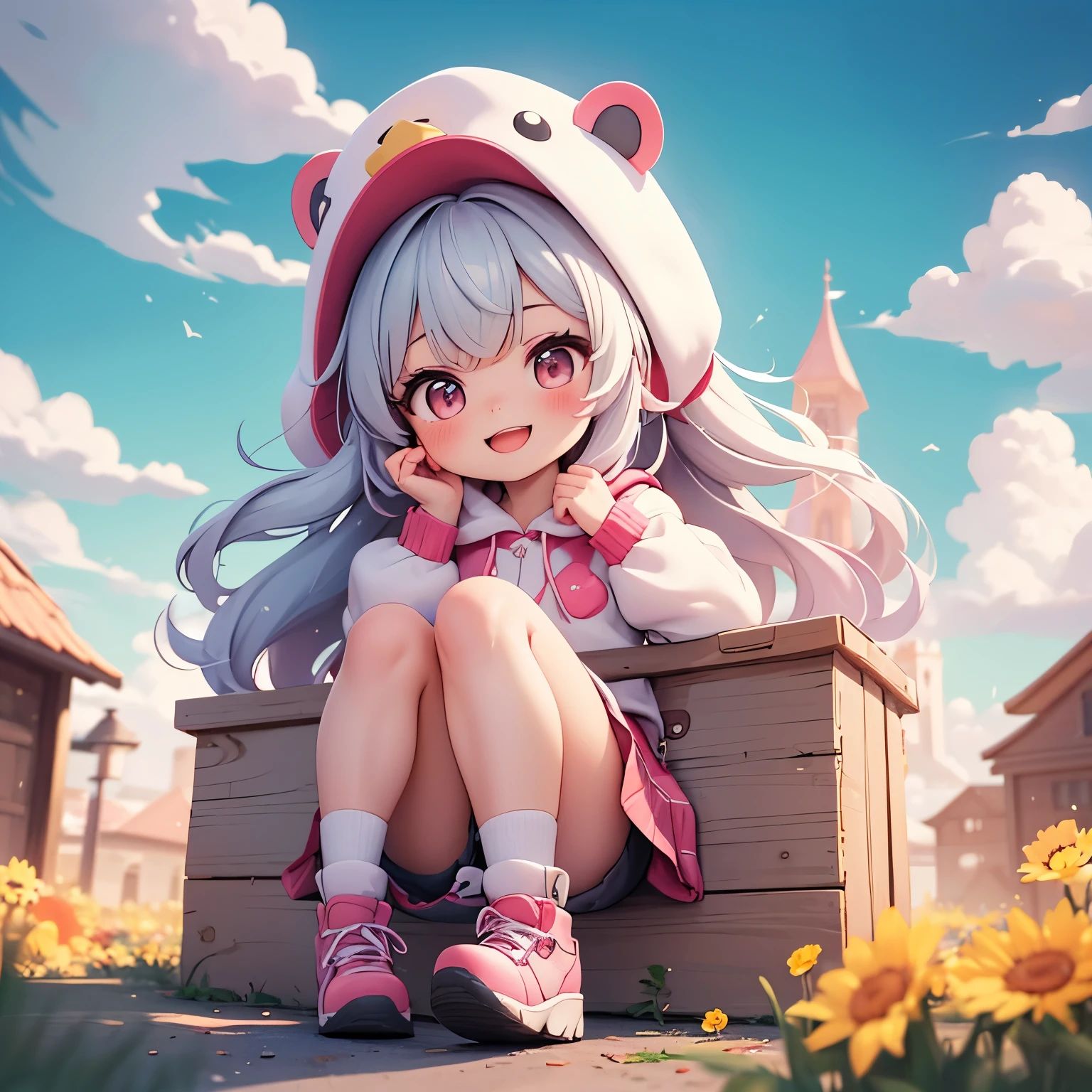 The characters smile playfully and in love , The character clasps his hands in pleading. , cartoon girl in a chicken costume with a hat and a hand, kawaii cutest sticker ever, cute digital art, chibi girl, cute anime style, cute detailed digital art, anime chibi, cute anime girl, chibi anime girl, ruan cute vtuber, sticker illustration