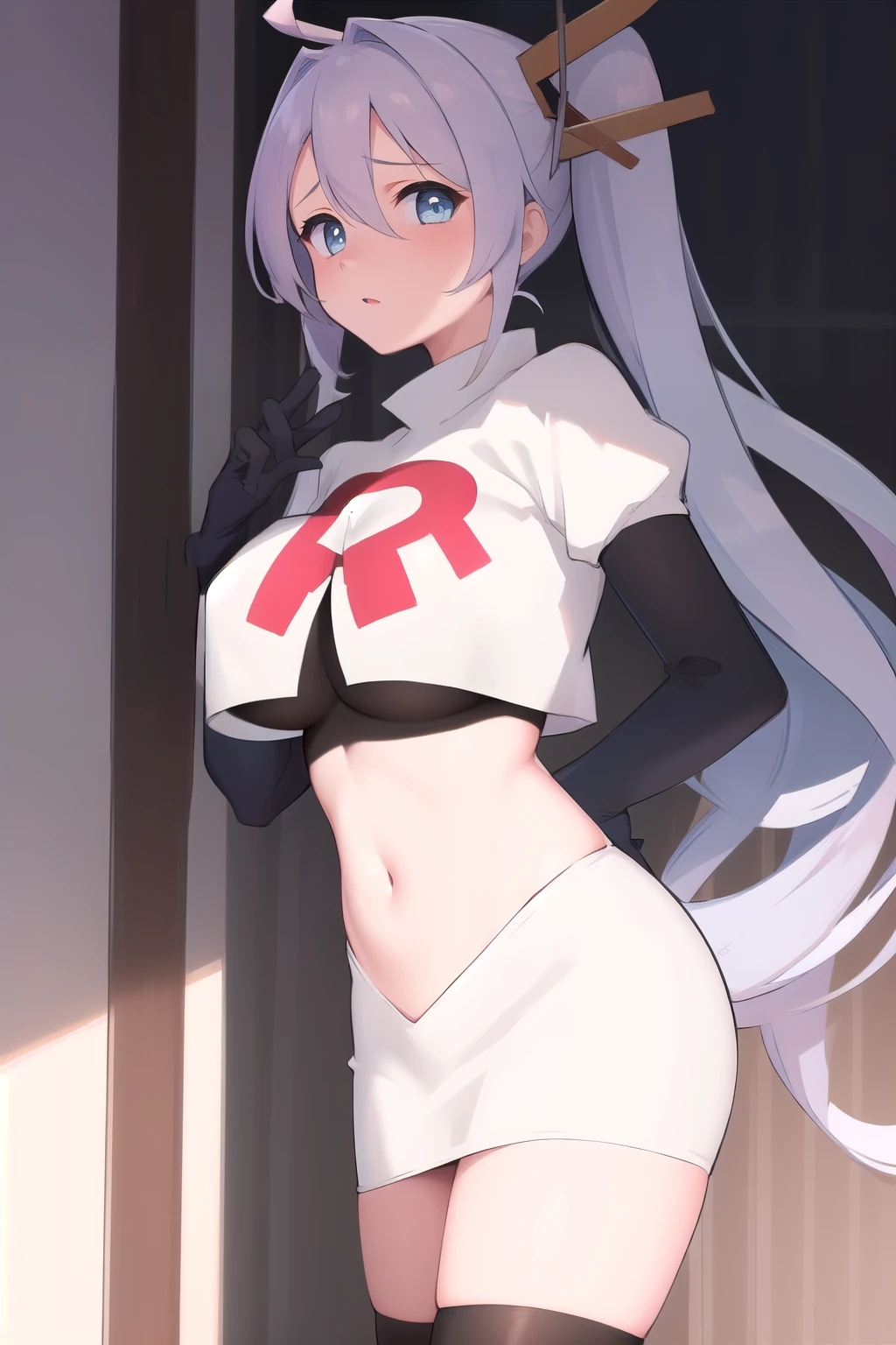 (masterpiece, best quality:1.2),illustration,8k,hd,1girls,solo,very_long_hair,blush,heart,side_ponytail,ahoge,blue_eyes,large_breasts,bangs,heart-shaped_pupils,hair_ornament,hair_between_eyes,team rocket,team rocket uniform,white skirt,red letter R,crop top,black thigh-highs,black elbow gloves