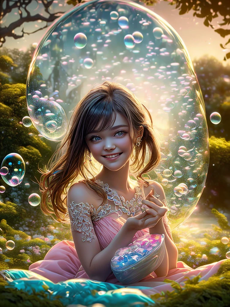 (cropped profile photo), ((1 beautiful young woman inside a soap bubble sitting on a pink pillow, flying through a beautiful and magical fairy tale city: 1.4)), (hyper detailed: 1.3), ((clothes delicate dress with flower decorations: 1.4)), ((sunset background below a beautiful fairy tale landscape: 1.3)), ((Imaginative scene)), ((Perfect, meticulously detailed faces and bodies: 1.3)), ((far shot: 1.4 ) ),((best quality) ), ((masterpiece)), 3D , (((sunset:1.2))), (photorealistic:1.4) , ((front camera)), (smiling happily, with her hands resting inside the soap bubble, surprised by the beautiful fairy city:1.4), ((Movie lighting: 1.2)), 32k.