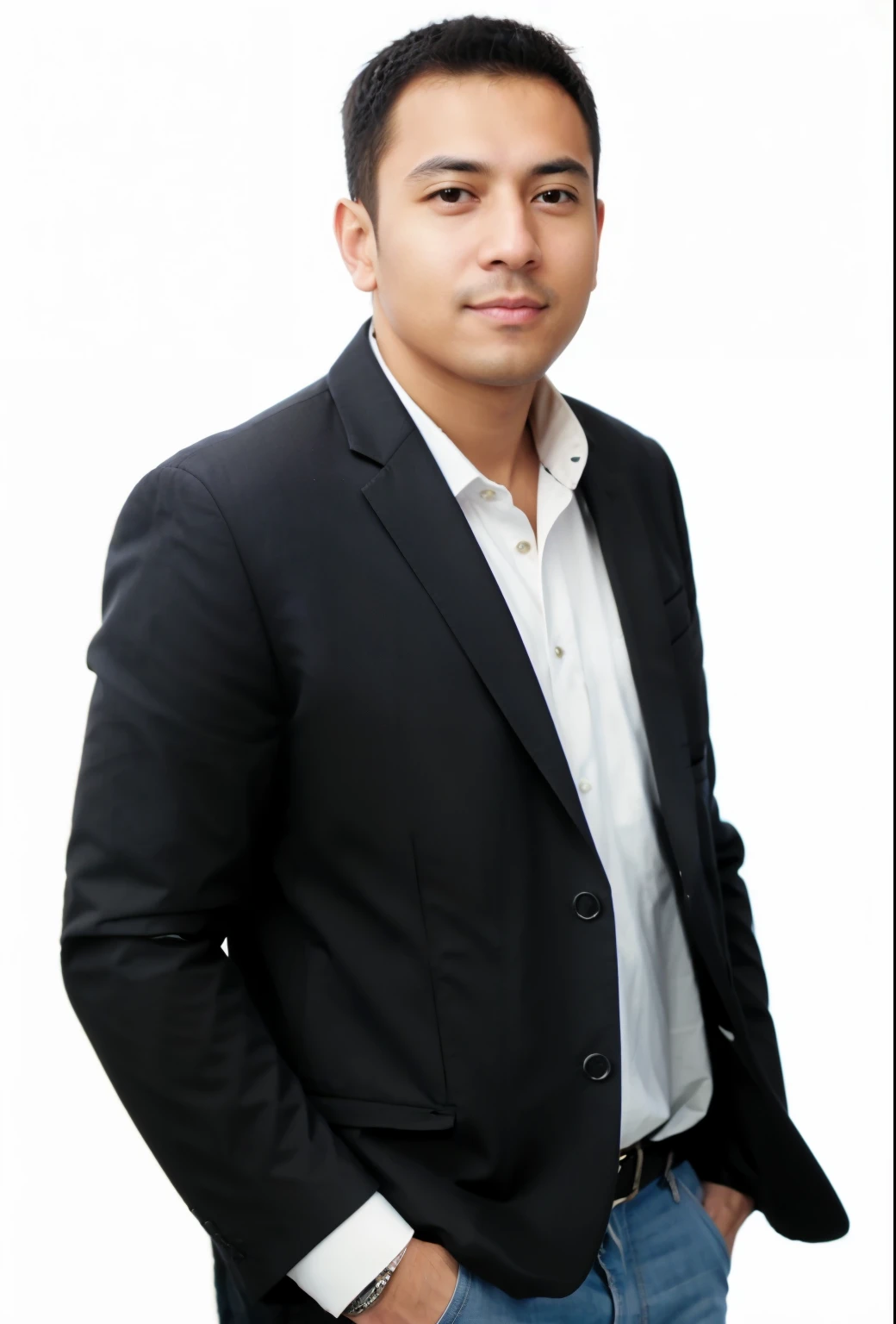 a man in a black jacket and blue shirt standing with his hands in his pockets, Mohammed Chahin, nivanh chanthara, taken at the beginning of 2020, CEO, rise of henry, Foto do perfil, imagem muito clara, John Jude Palencar, tirada em 2 0 2 0, Thawan Duchanee, fotografia de corpo inteiro
