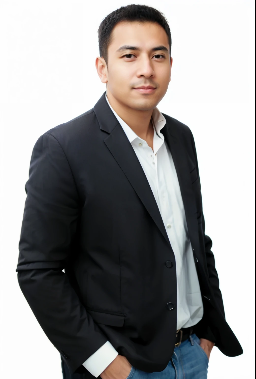 a man in a black jacket and blue shirt standing with his hands in his pockets, Mohammed Chahin, nivanh chanthara, taken at the beginning of 2020, CEO, rise of henry, Foto do perfil, imagem muito clara, John Jude Palencar, tirada em 2 0 2 0, Thawan Duchanee, fotografia de corpo inteiro