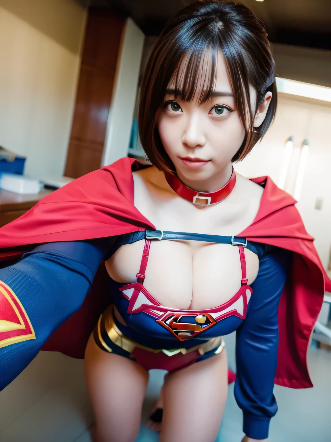 masterpiece、supergirl costume、short hair、barefoot、big and full breasts、human experiment subjects、Research room、operating table、Crisis situation、writhe in agony、choker、shiny、looking at camera、Seduce、choker、long sleeve、red sexy pose、model body shape、