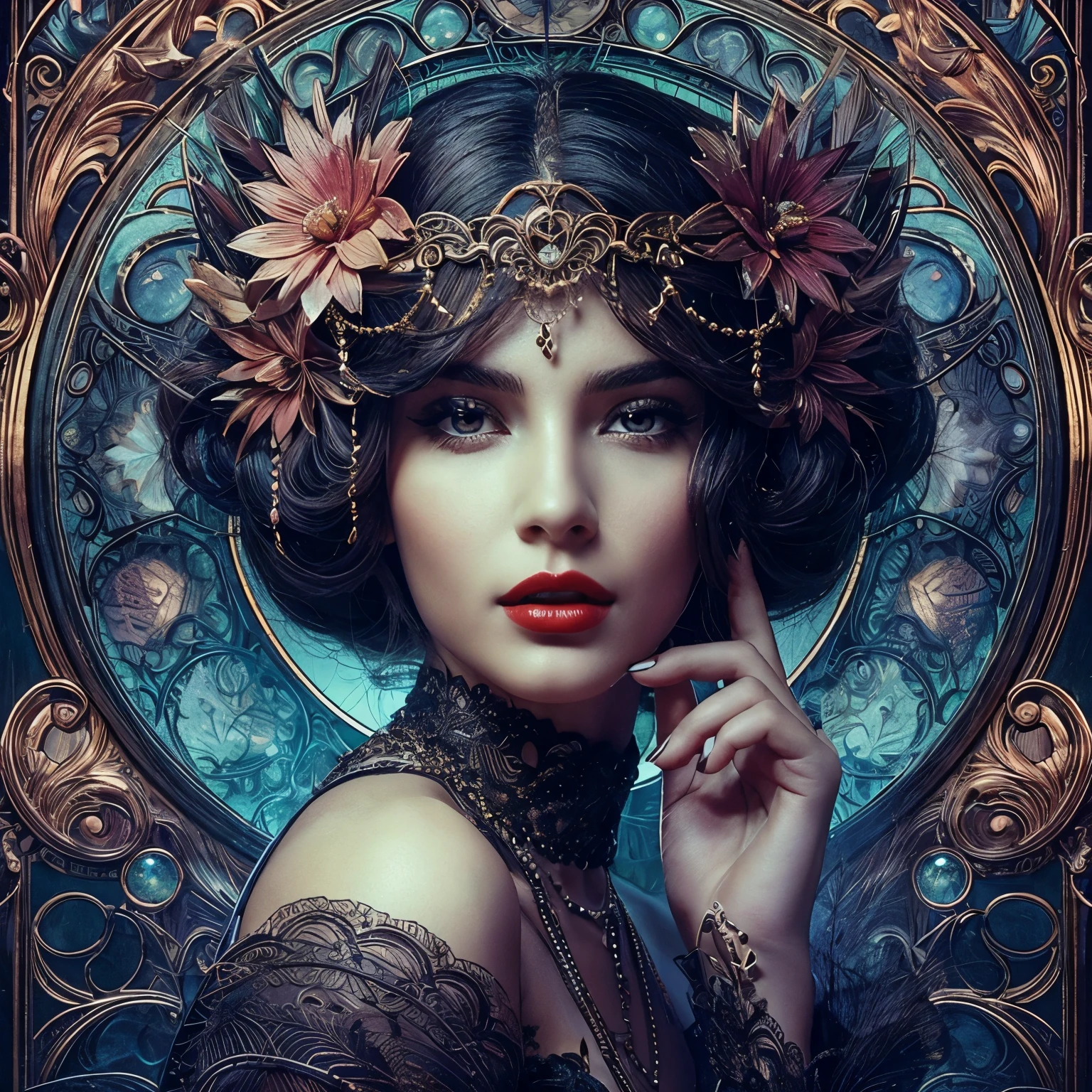 Mulher jovem, com cabelos ondulados, Couro ultra texturizado, Olhos perfeitos, 22 anos de idade, Red lips, maximum quality, obra de arte, ultra-high resolution, Uma olhada no peito