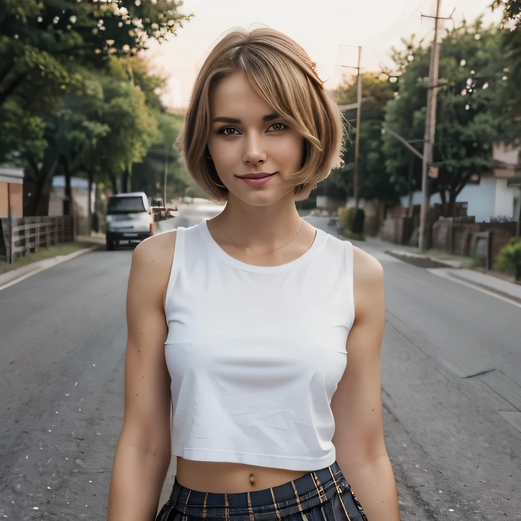 high quality, Realistisch, Foto-Shooting, girl, pretty, Short bob haircut just above the shoulders, Blick auf die Kamera, Kopf und Schultern, blonde, Seitenteil, Kein Pony, smiling, Modell, Fachmann, standing on a street, wears a skirt, und ein T-Shirt, narrow gap, weit entfernter Schuss