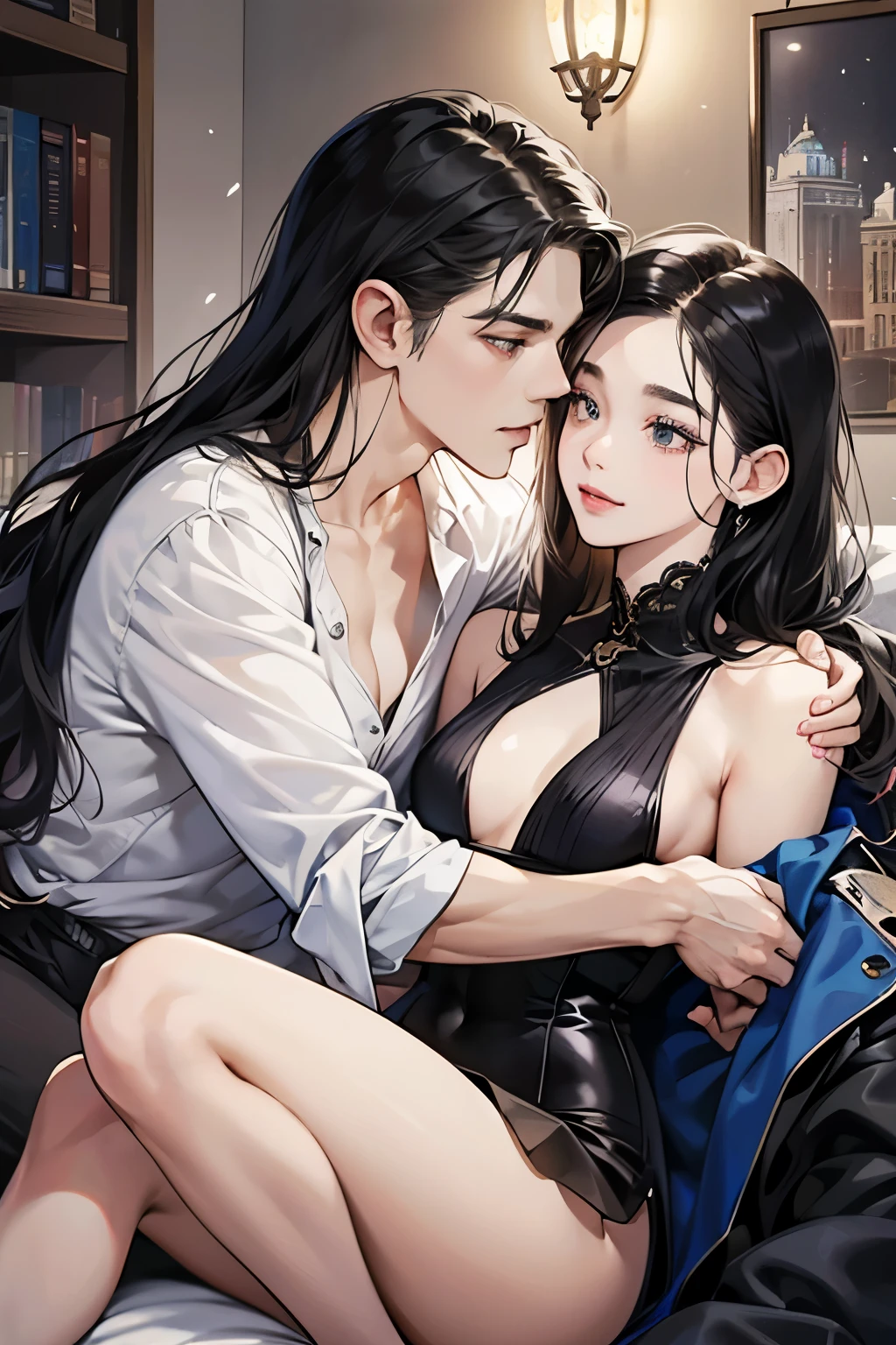 (table top, digital art, digital illustration,like the photo、4k, 8k, Super detailed, beautiful images, clear image, realistic, RAW photo, perfect face, perfect lines, perfect eyes,) 1 female, (long black hair,straight hair,bullish look,Beautiful woman,suit,solid makeup,small breasts、23 year old female,:1.3),secretary, suitを着たハンサムな男性 2 人, (human,suitを着た男,muscular,solid shoulder width, human,boyish hairstyle,british gentleman's style,A man in his 30s with a cool expression,28 year old man with a bright smile:1.2),Moonlight night、City of night、Moon and light、illumination、couple、coupleキス、romance、romanceポルノ、look at each other、hug each other
