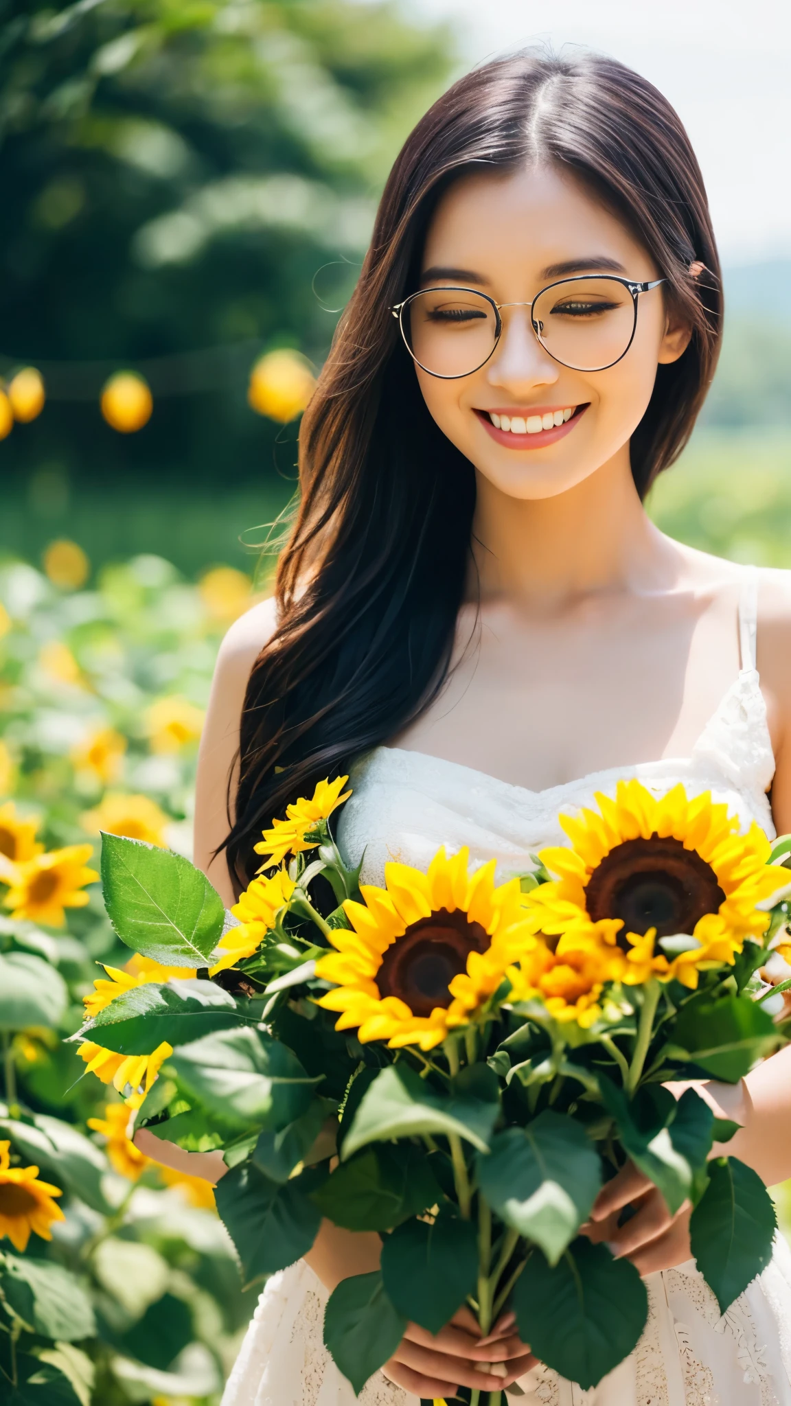 beautiful girl with glasses, long black hair, bouquet of sunflowers and red roses, bright colors, smile, 8K quality, cinematic focus, closed my eyes
