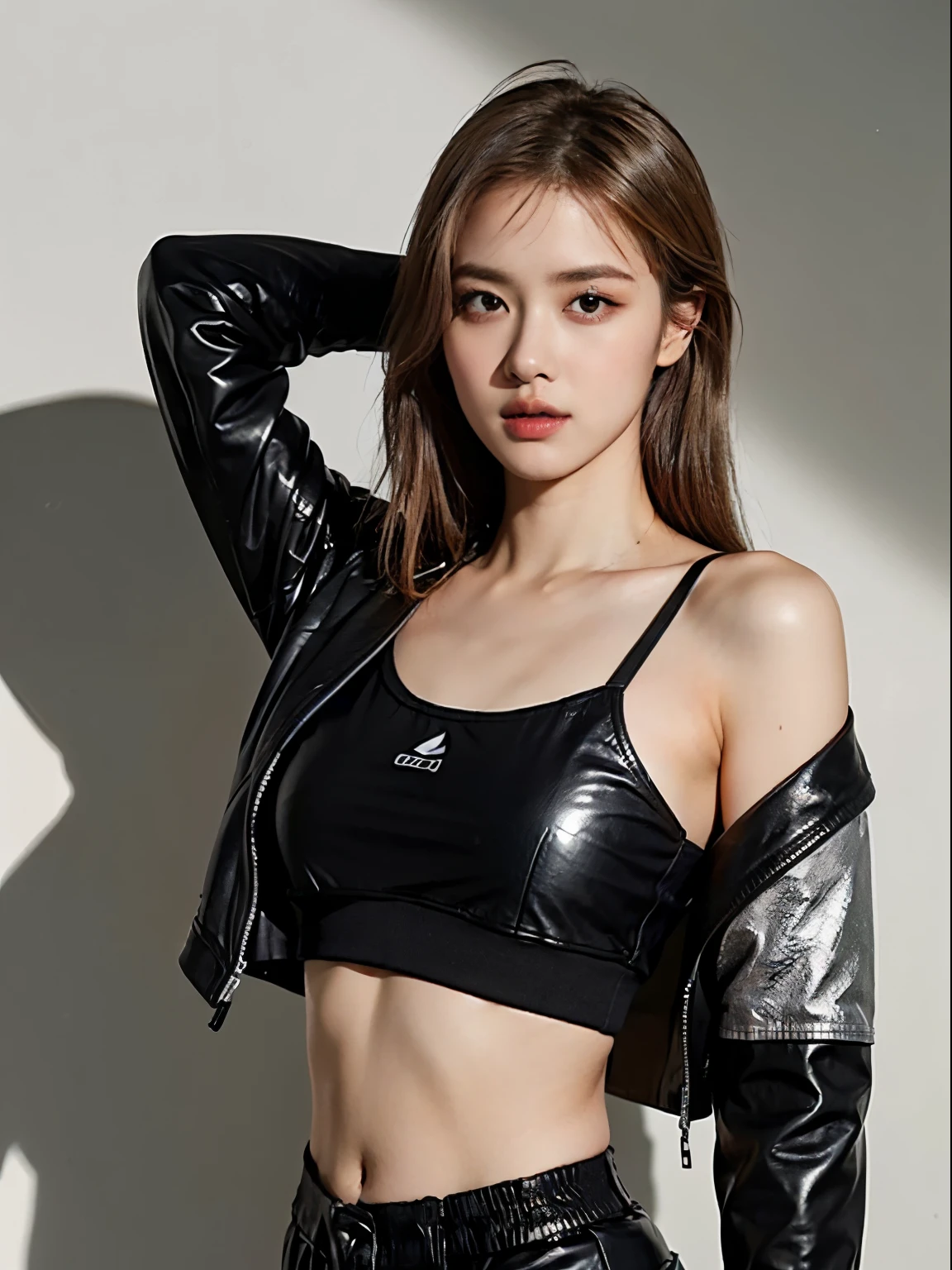 (8k、RAW Photos、top-quality、masterpiece:1.2)、(realistic Photo-realsitic:1.37)、1girl in、japanese, 18-years old, face lights, Detailed face、Detailed lips, (wearing a black faux leather jacket over silver metallic sports bra:1.5), (exposed right shoulder and armpit :1.5), seductive pose, opened jacket, long black hair,